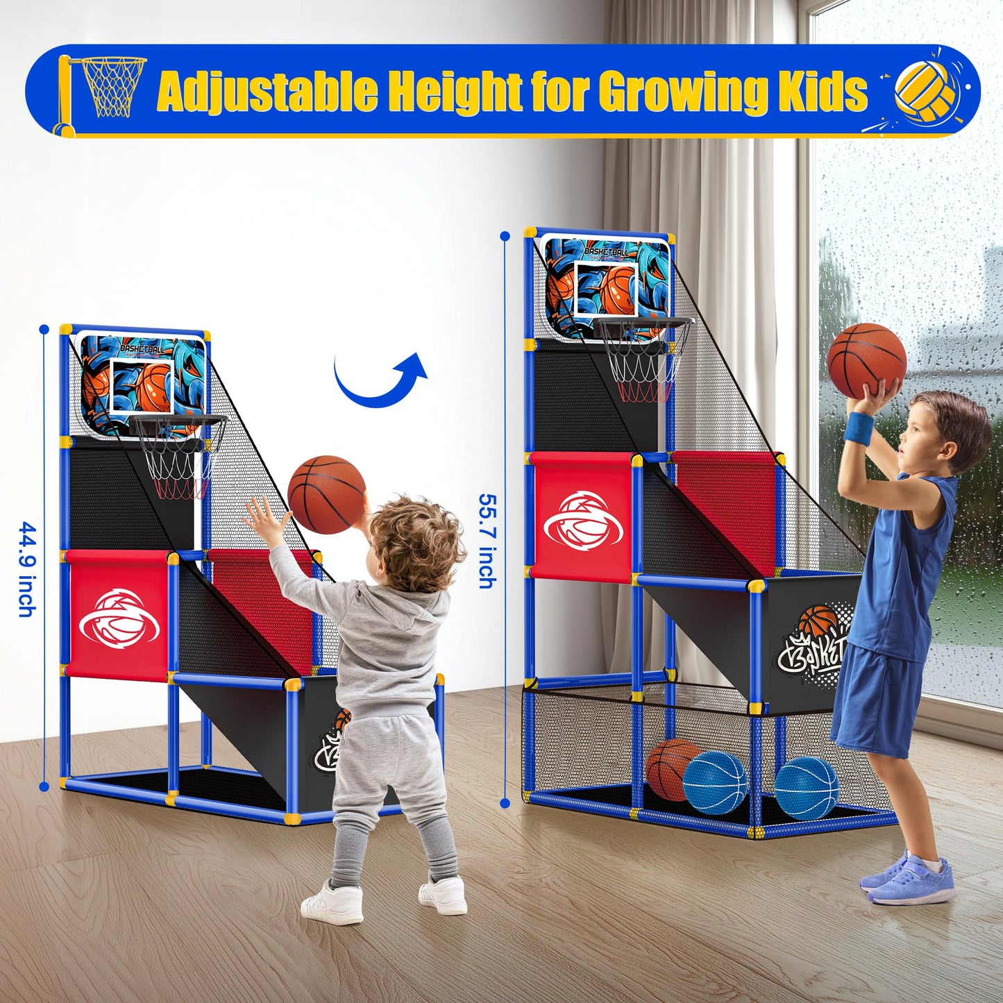 Flybakiz Adjustable Basketball Hoop for Kids 3-8 | Side-Mount & Top-Mount, Indoor/Outdoor