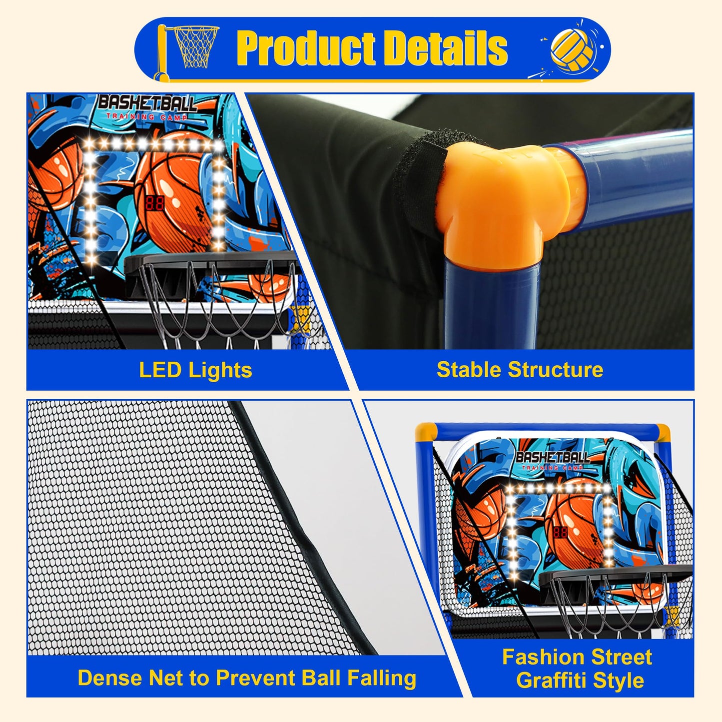 FlyBakiz Kids Arcade Basketball Hoop – Adjustable Height & 60-Second Timer