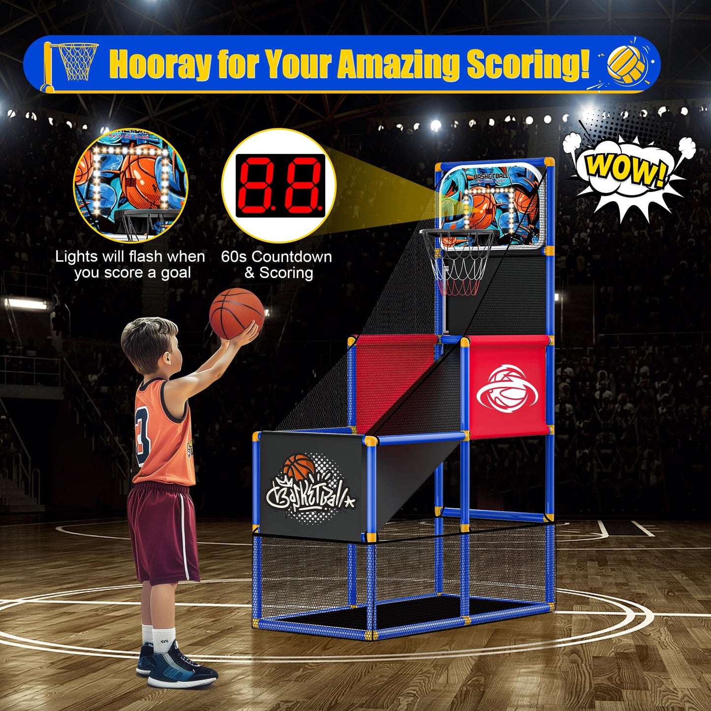 FlyBakiz Kids Arcade Basketball Hoop – Adjustable Height & 60-Second Timer