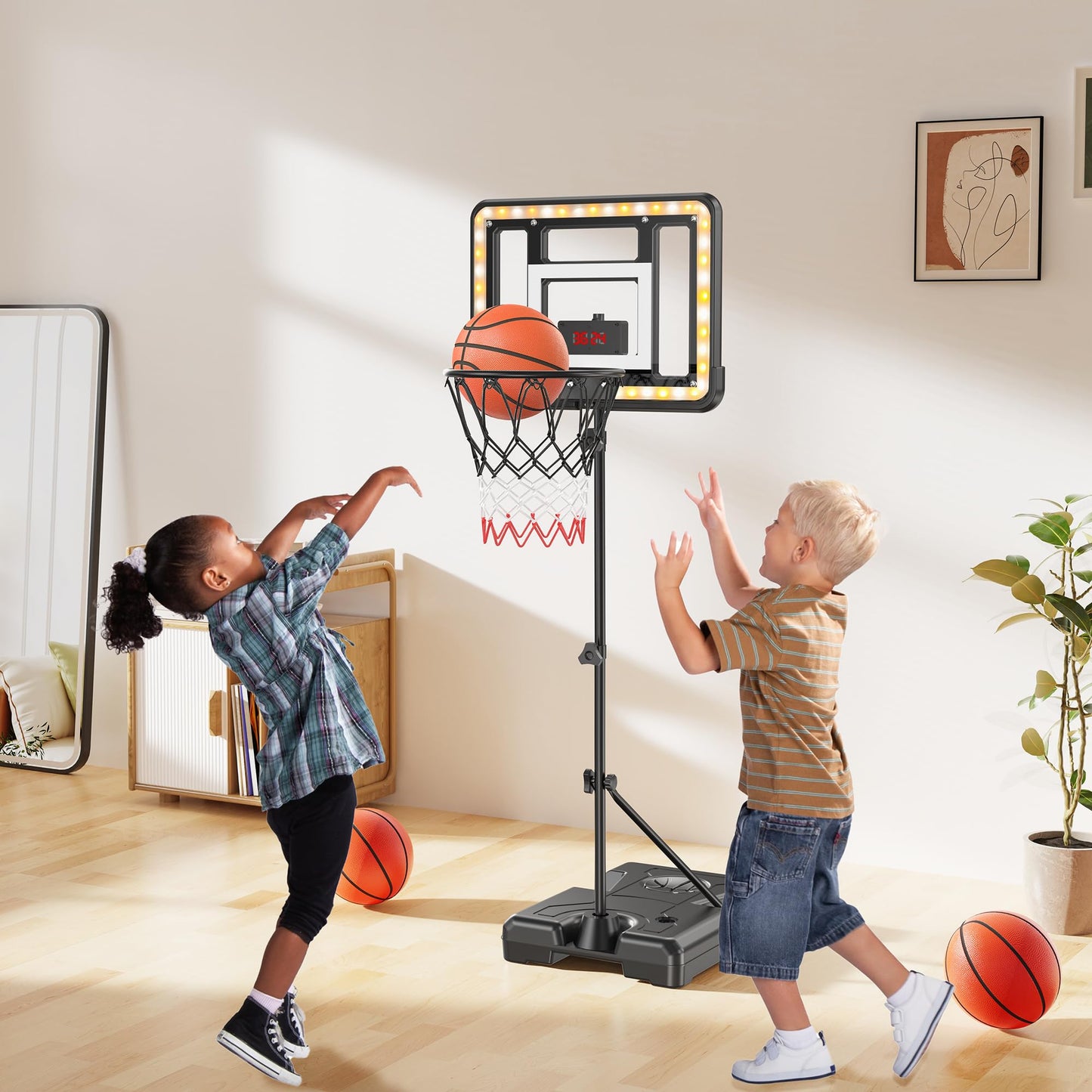 Flybakiz Kids Indoor Basketball Hoop with Scoreboard & Timer — Adjustable Height 2.98 ft to 5.8 ft