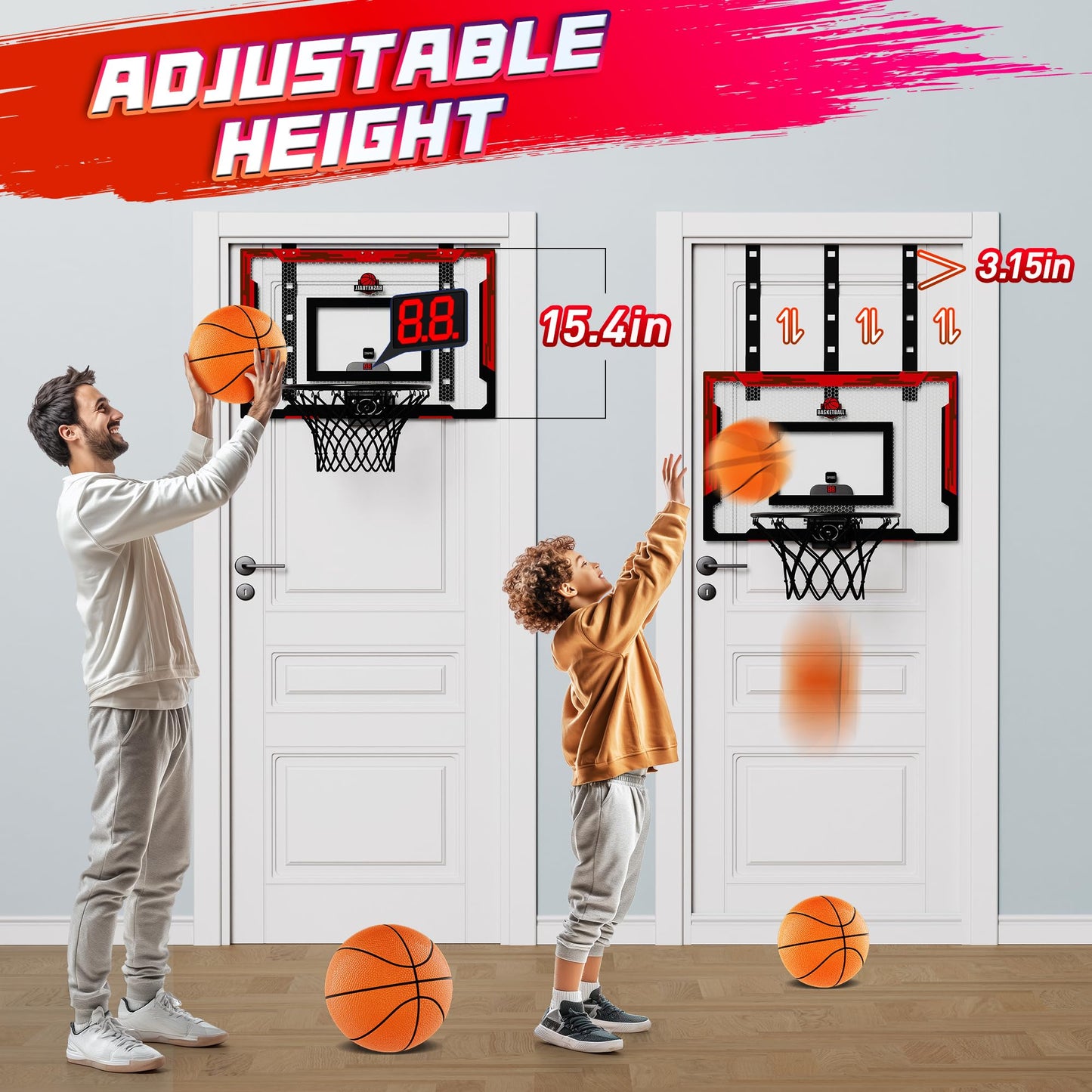 Flybakiz 24x16 Indoor Large Basketball Hoop Toy – Adjustable Over-The-Door Hoop with Scoreboard and 2 Balls (Red)