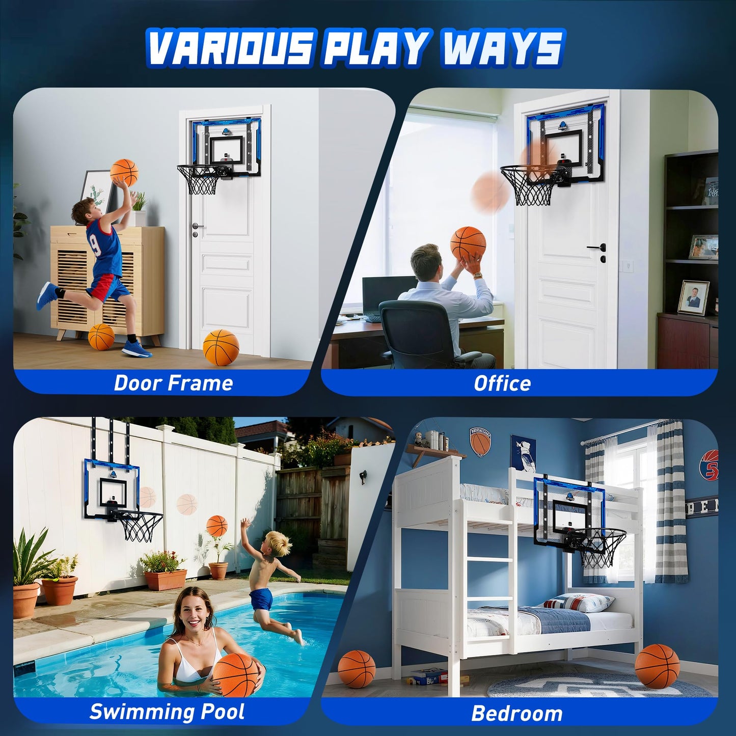 FlyBakiz 24x16 Indoor Basketball Hoop – Over-the-Door, Adjustable Height, Scoreboard, 2 Balls
