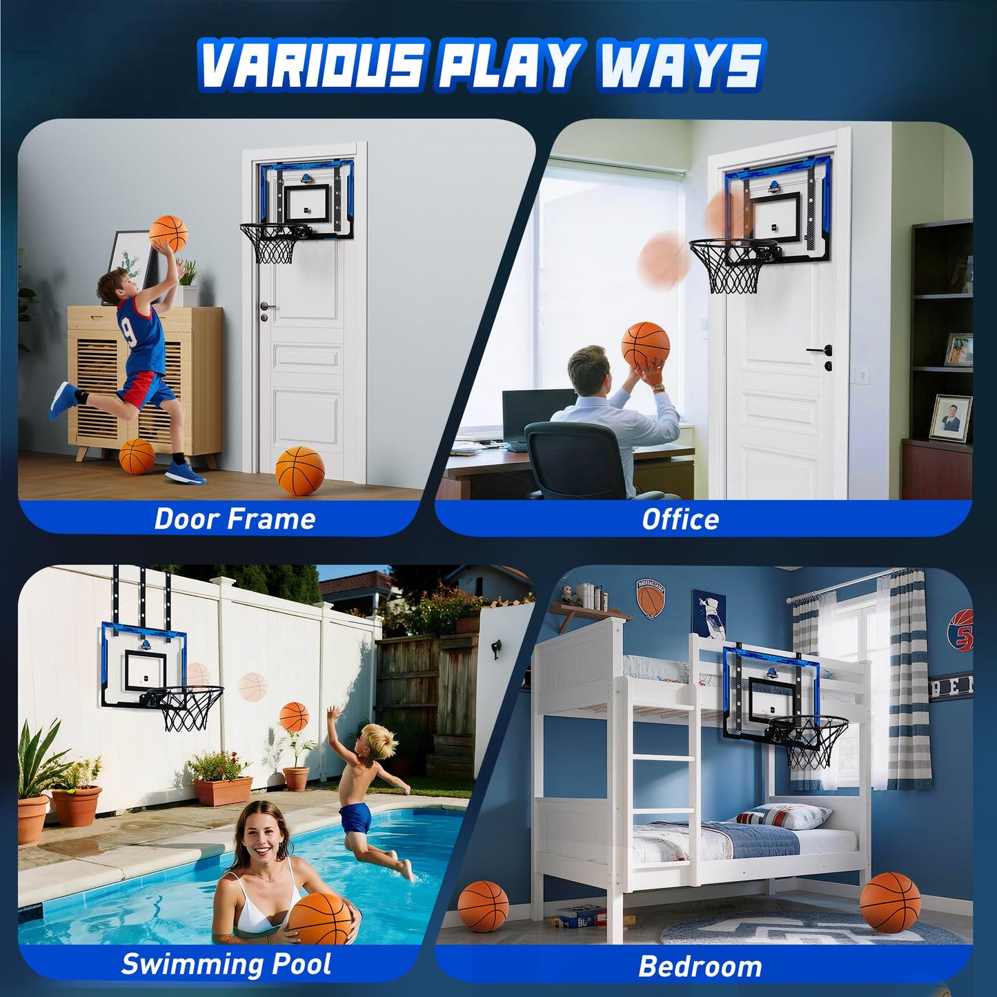 Flybakiz 24x16 Indoor Basketball Hoop – Over-the-Door, Adjustable Height, Complete Accessories