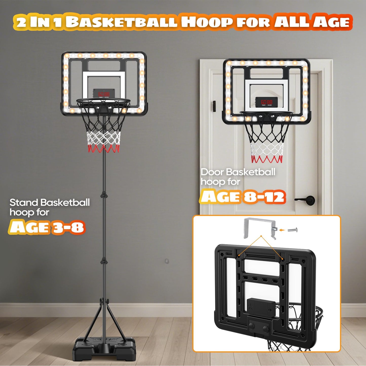 FlyBakiz Kids Indoor Basketball Hoop with Scoreboard & Timer – Adjustable Height