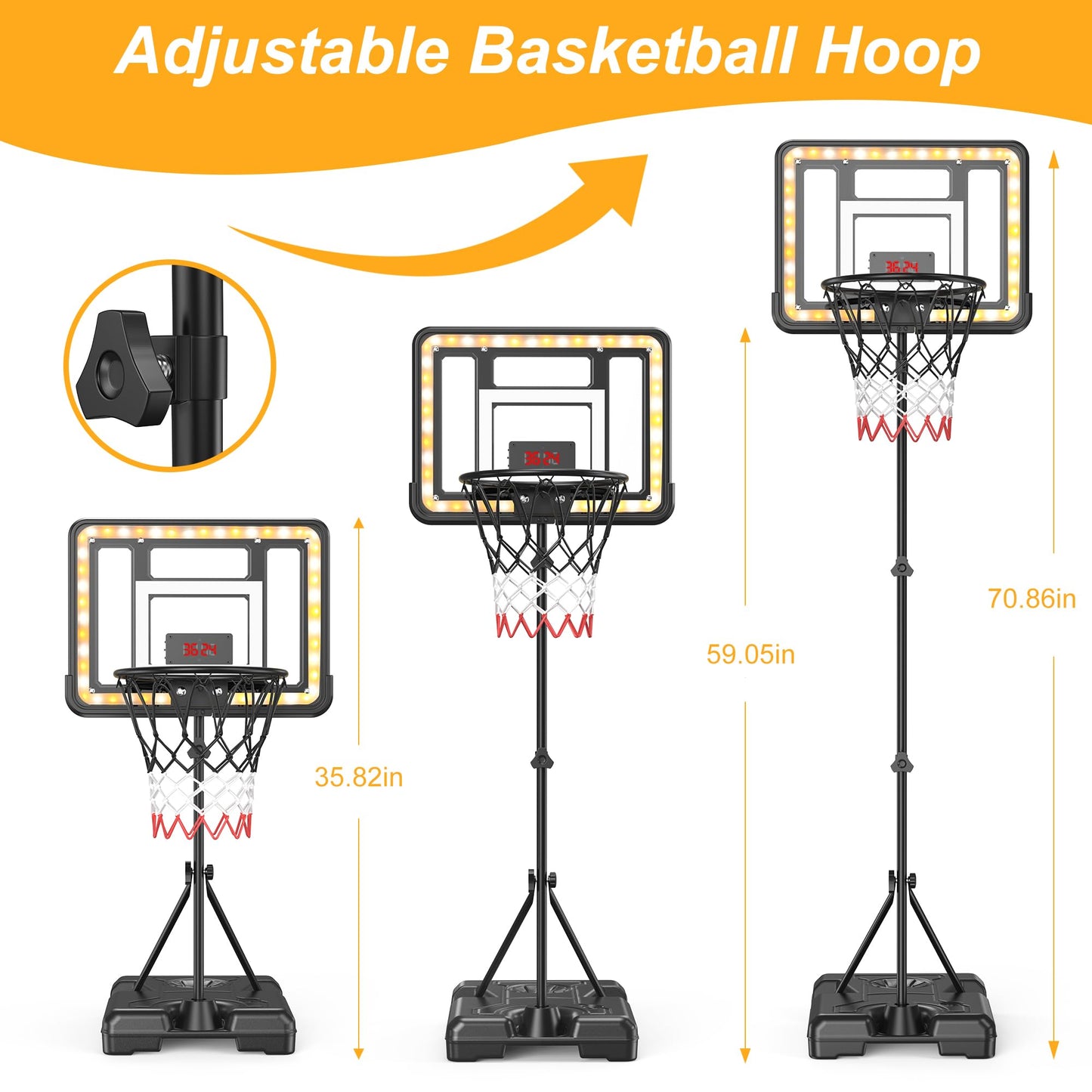 Flybakiz Kids Indoor Basketball Hoop with Scoreboard & Timer — Adjustable Height 2.98 ft to 5.8 ft