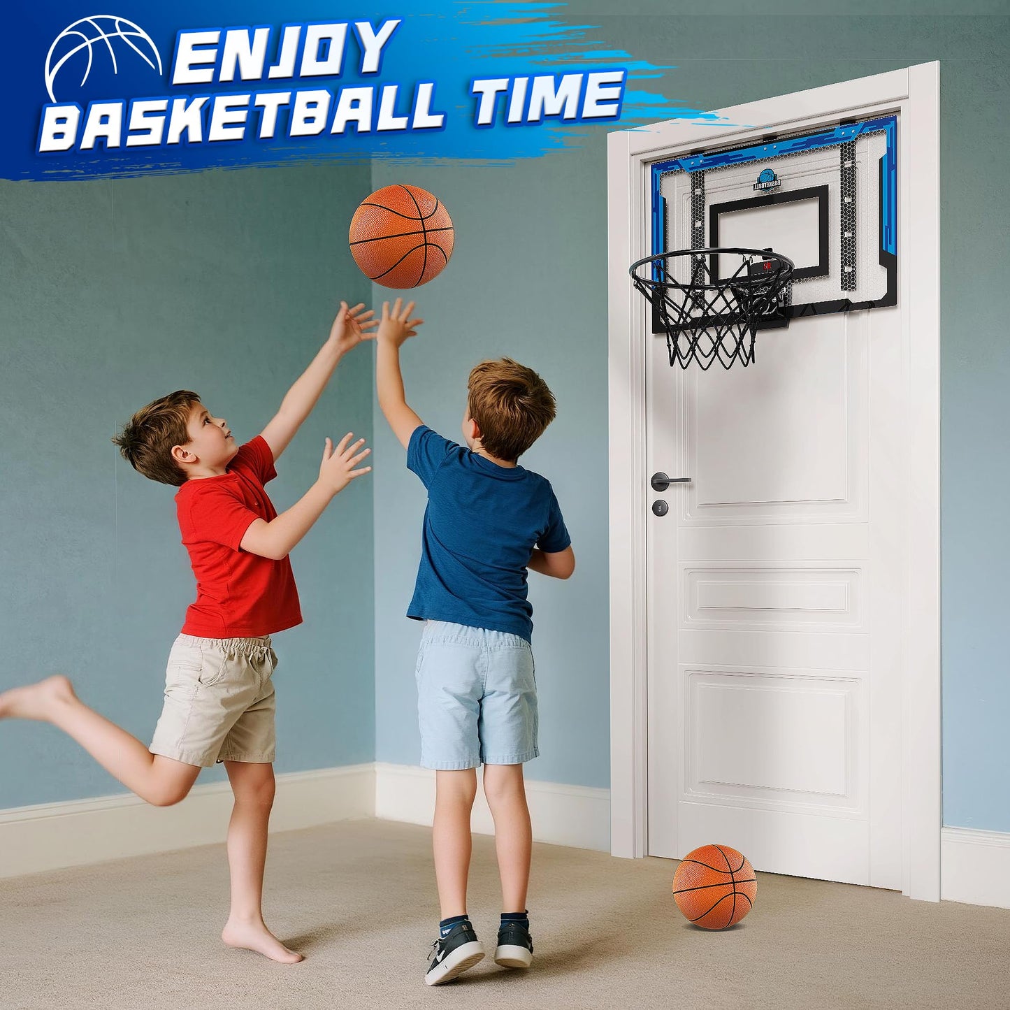 FlyBakiz 24x16 Indoor Basketball Hoop – Over-the-Door, Adjustable Height, Scoreboard, 2 Balls