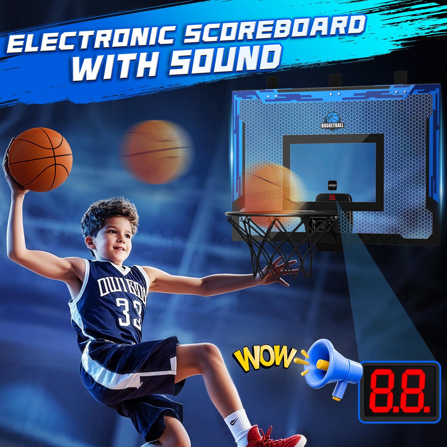 FlyBakiz 24x16 Indoor Basketball Hoop – Over-the-Door, Adjustable Height, Scoreboard, 2 Balls