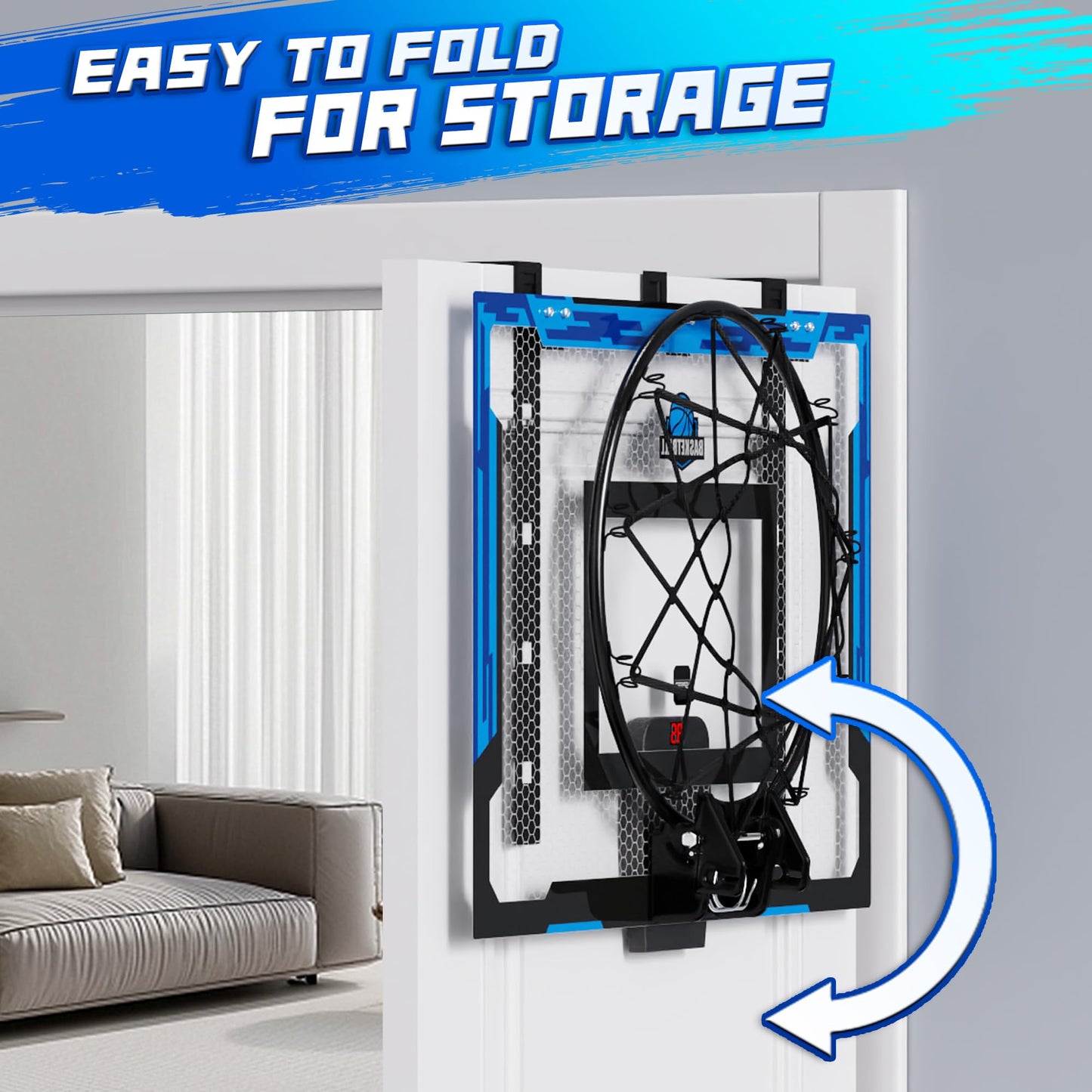 Flybakiz 24x16 Indoor Basketball Hoop – Over-the-Door, Adjustable Height, Complete Accessories