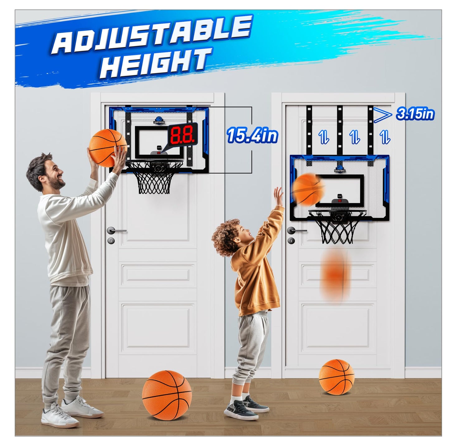 FlyBakiz 24x16 Indoor Basketball Hoop – Over-the-Door, Adjustable Height, Scoreboard, 2 Balls