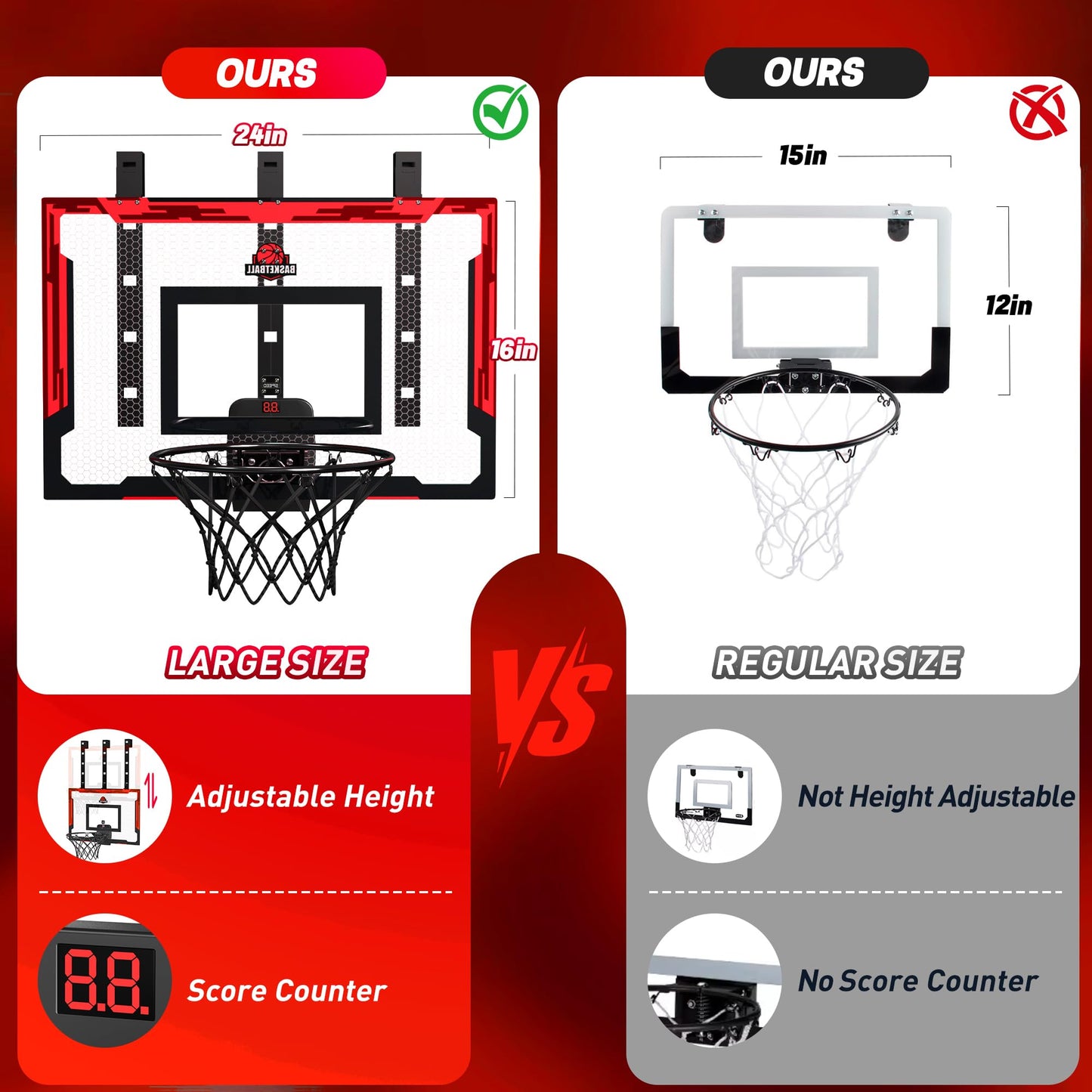 Flybakiz 24x16 Indoor Large Basketball Hoop Toy – Adjustable Over-The-Door Hoop with Scoreboard and 2 Balls (Red)