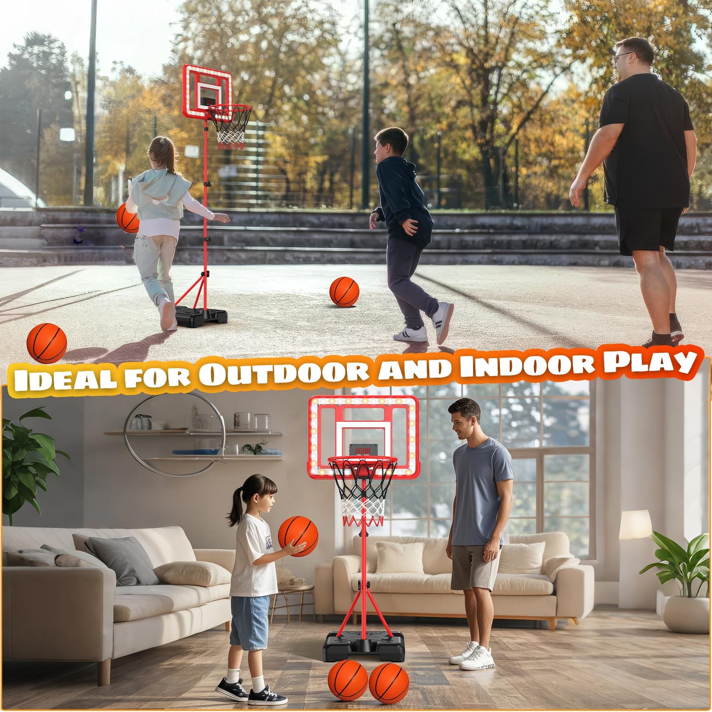FlyBakiz Kids Indoor Basketball Hoop with Scoreboard & Timer – Adjustable Height, Red Stand