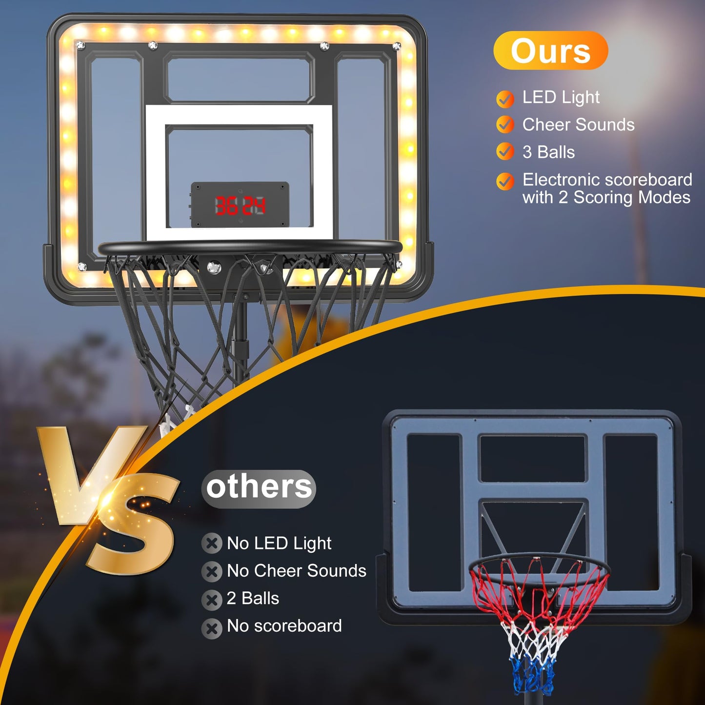 Flybakiz Kids Indoor Basketball Hoop with Scoreboard & Timer — Adjustable Height 2.98 ft to 5.8 ft
