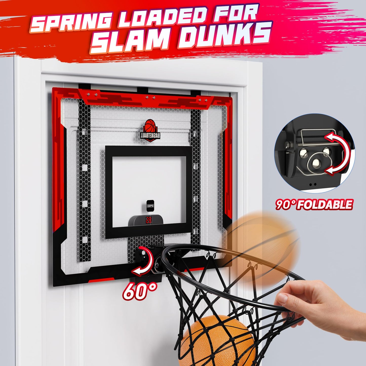 Flybakiz 24x16 Indoor Large Basketball Hoop Toy – Adjustable Over-The-Door Hoop with Scoreboard and 2 Balls (Red)