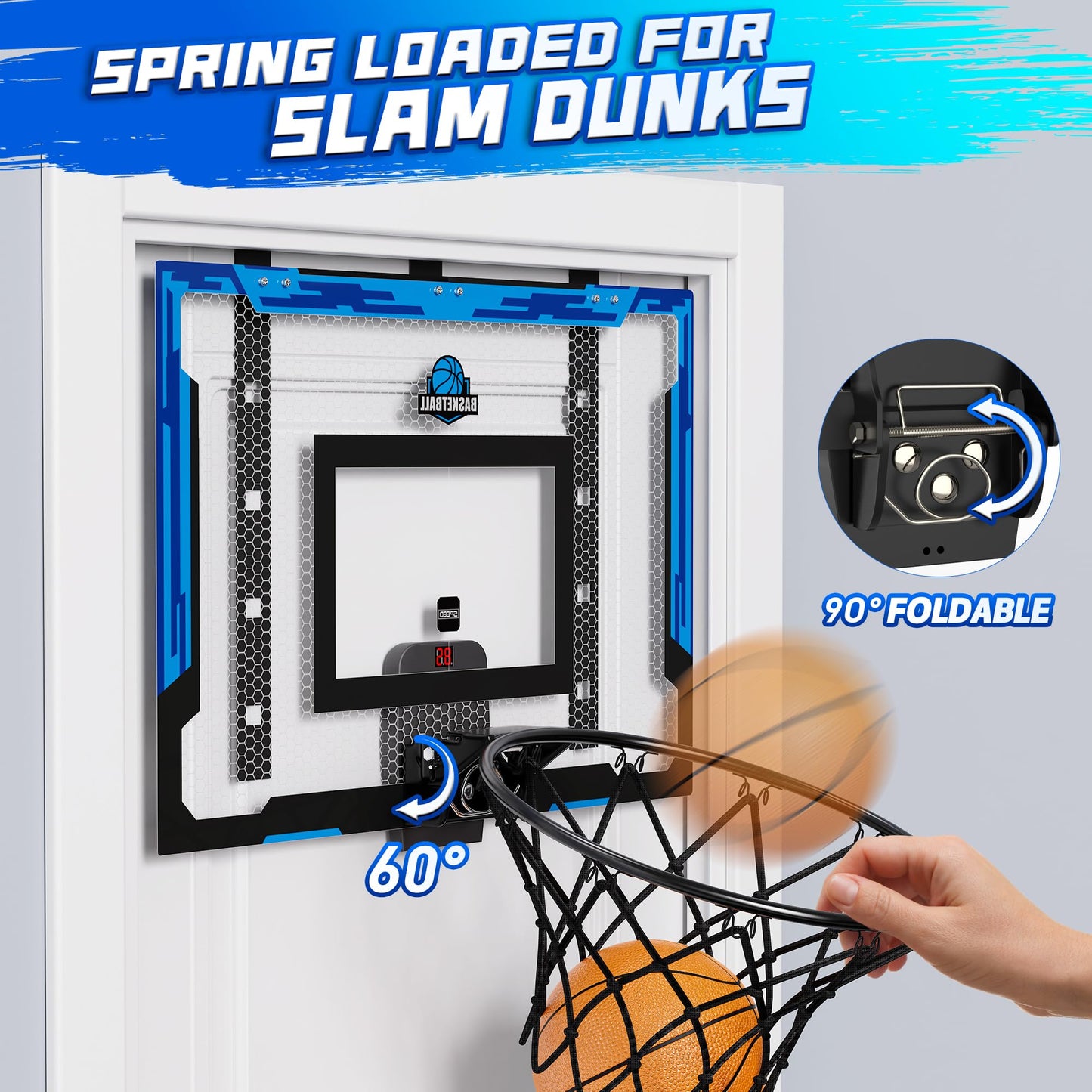 FlyBakiz 24x16 Indoor Basketball Hoop – Over-the-Door, Adjustable Height, Scoreboard, 2 Balls