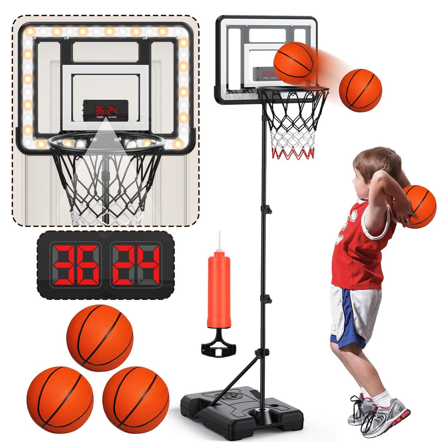 FlyBakiz Kids Indoor Basketball Hoop with Scoreboard & Timer – Adjustable Height