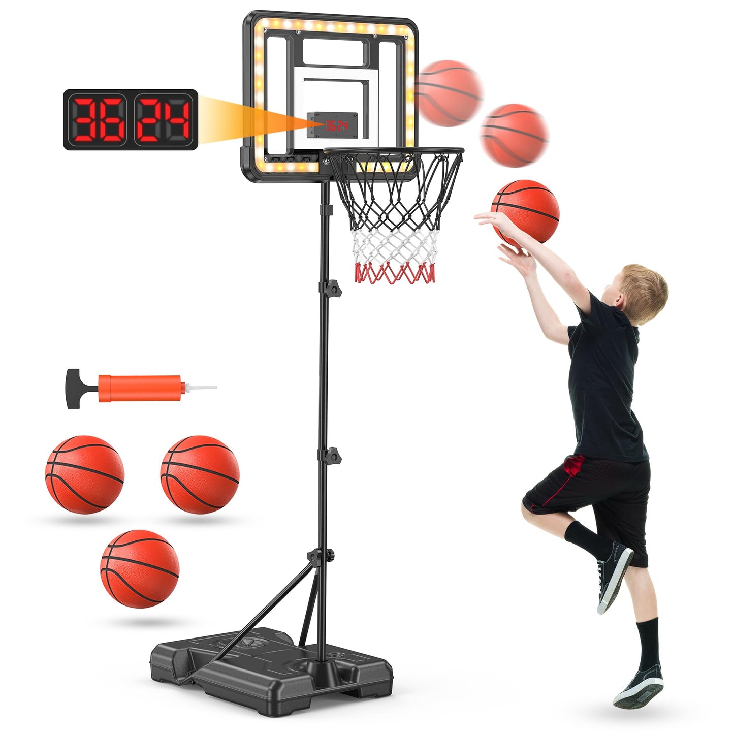 Flybakiz Kids Indoor Basketball Hoop with Scoreboard & Timer — Adjustable Height 2.98 ft to 5.8 ft