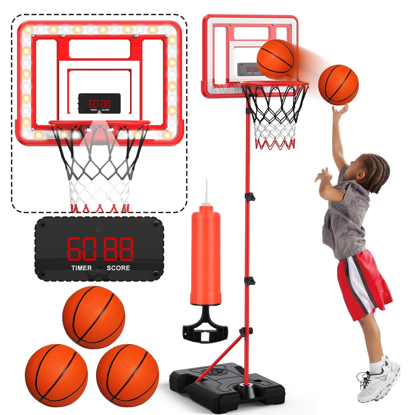 FlyBakiz Kids Indoor Basketball Hoop with Scoreboard & Timer – Adjustable Height, Red Stand