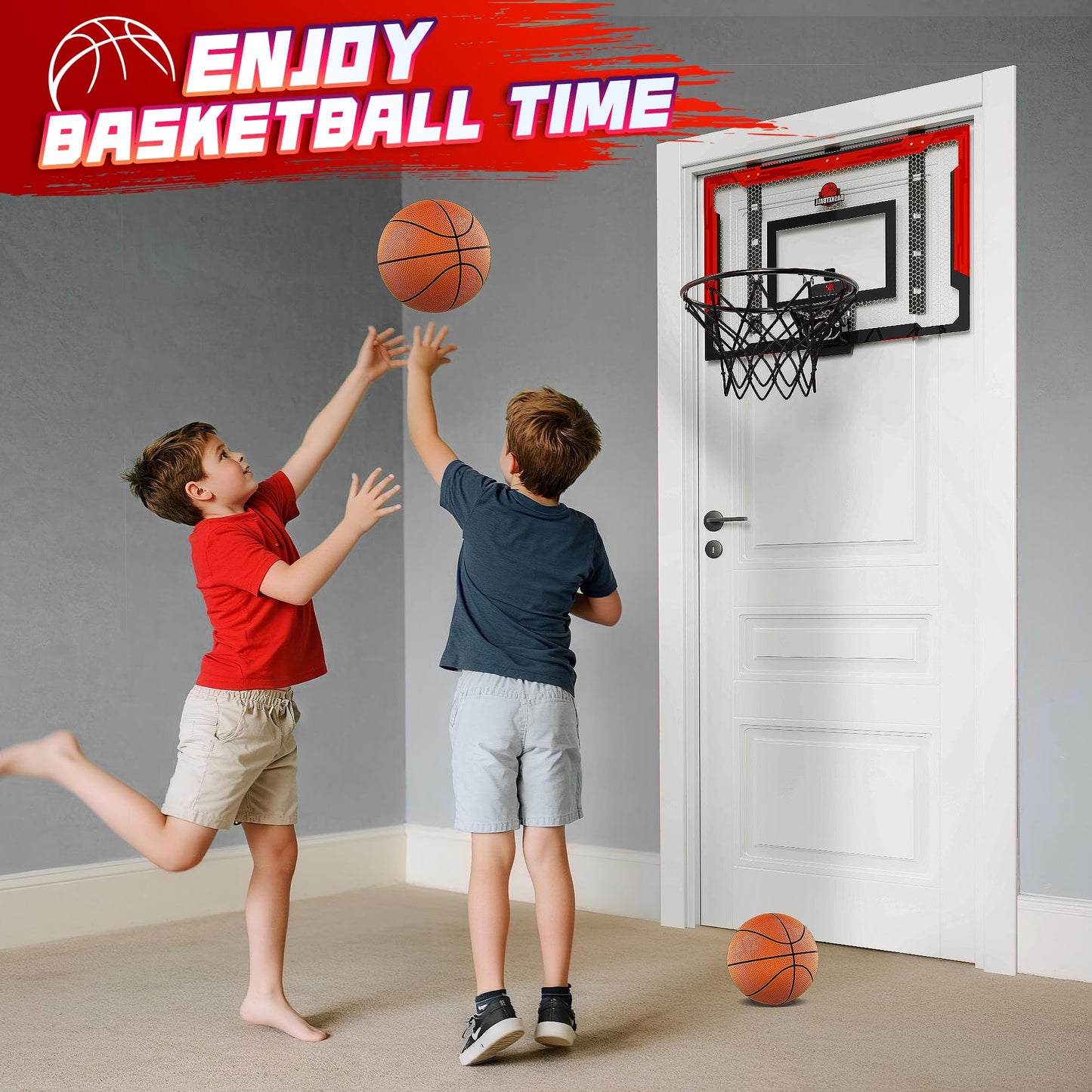 Flybakiz 24x16 Indoor Large Basketball Hoop Toy – Adjustable Over-The-Door Hoop with Scoreboard and 2 Balls (Red)