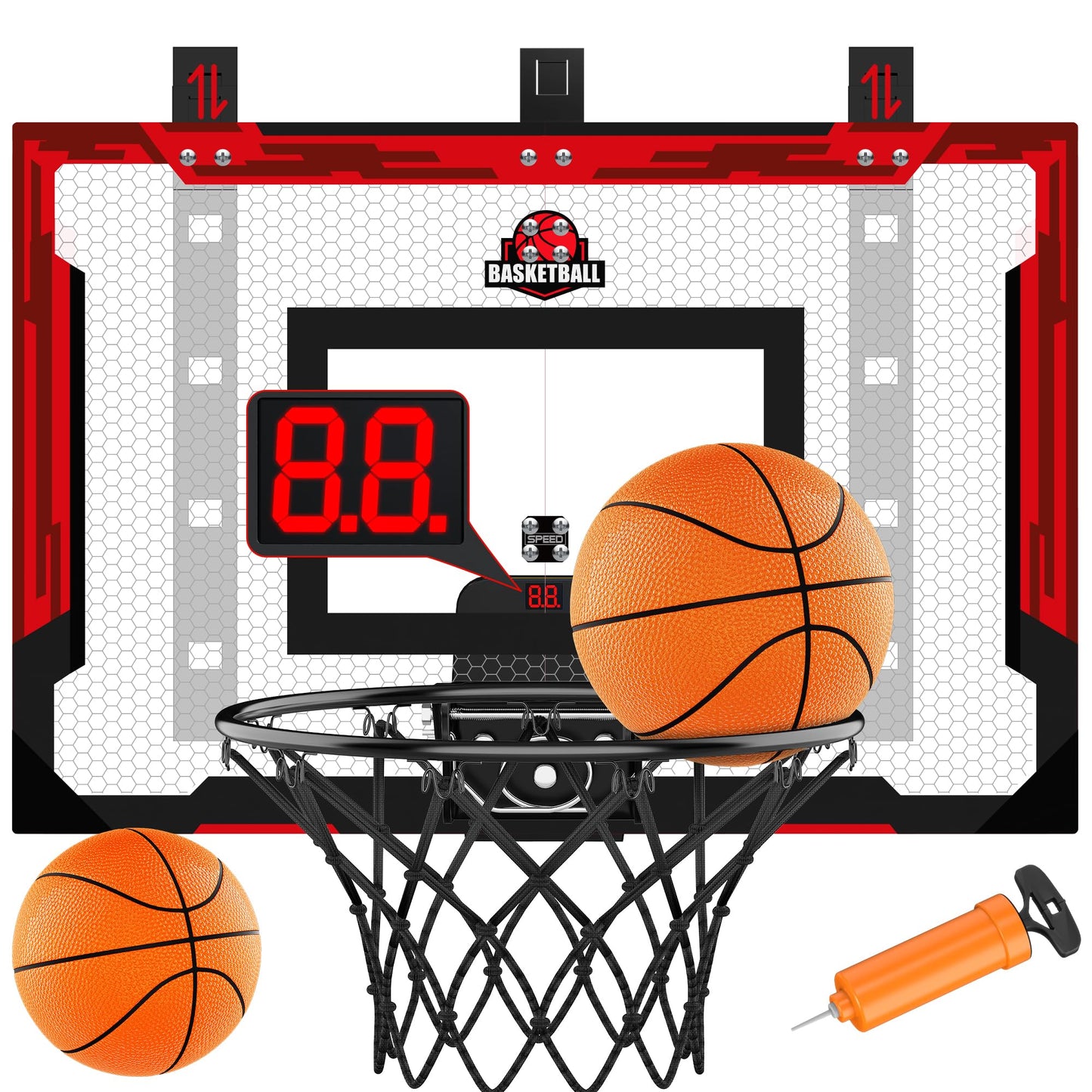 Flybakiz 24x16 Indoor Large Basketball Hoop Toy – Adjustable Over-The-Door Hoop with Scoreboard and 2 Balls (Red)