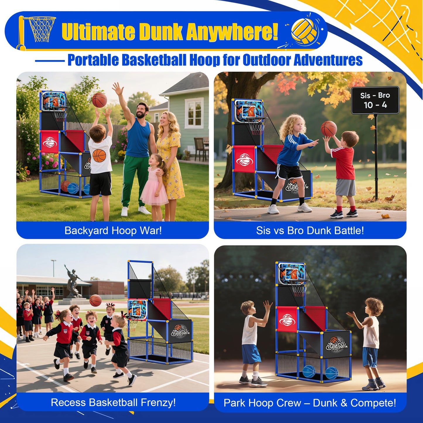 Flybakiz Adjustable Basketball Hoop for Kids 3-8 | Side-Mount & Top-Mount, Indoor/Outdoor