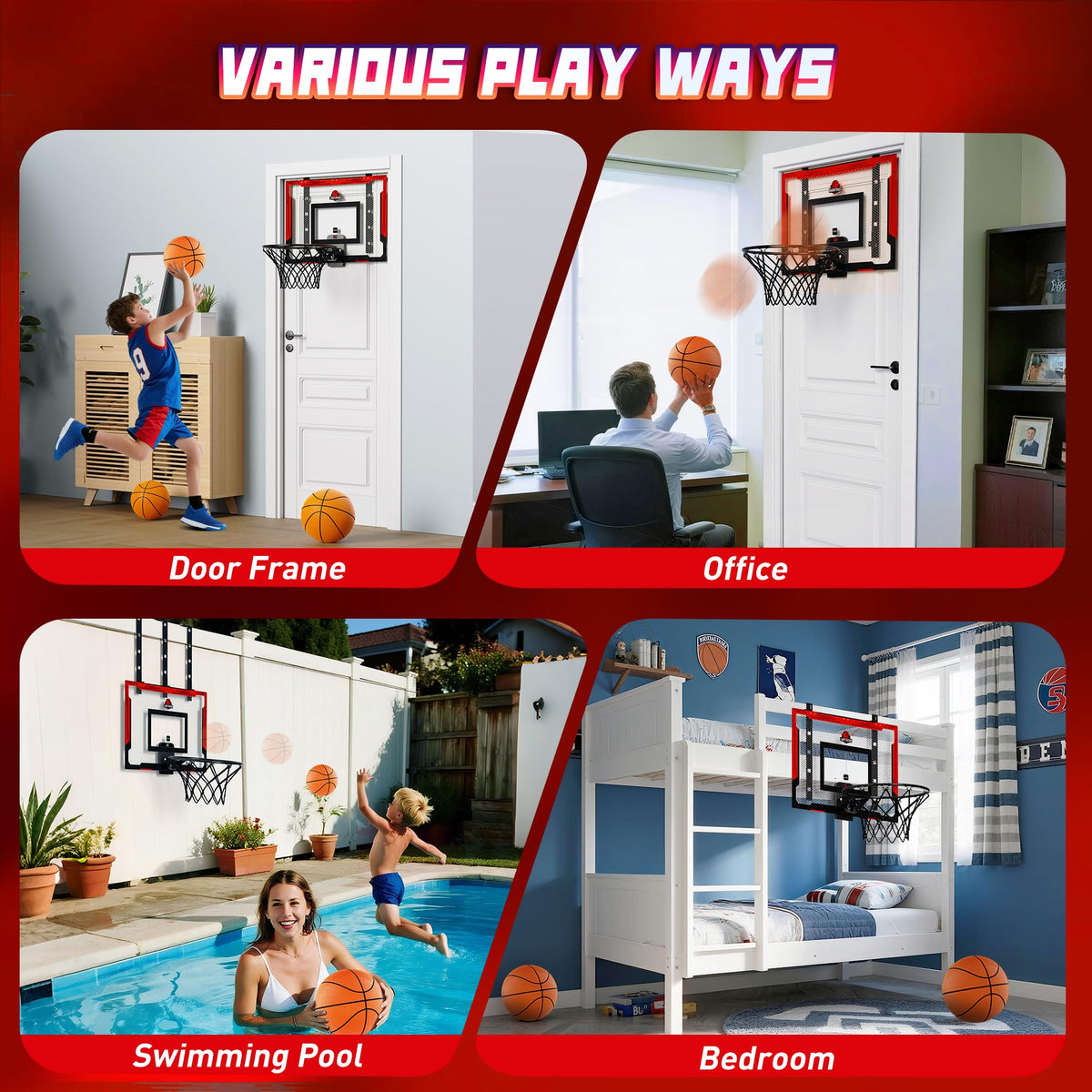 Flybakiz 24x16 Indoor Large Basketball Hoop Toy – Adjustable Over-The-Door Hoop with Scoreboard and 2 Balls (Red)