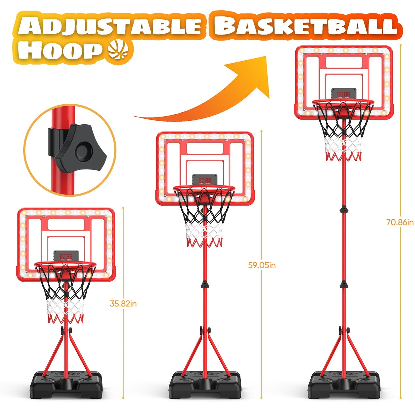FlyBakiz Kids Indoor Basketball Hoop with Scoreboard & Timer – Adjustable Height, Red Stand