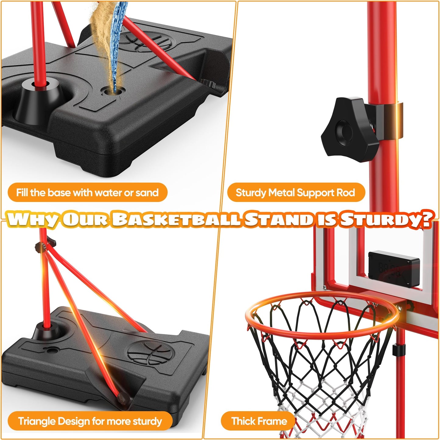 FlyBakiz Kids Indoor Basketball Hoop with Scoreboard & Timer – Adjustable Height, Red Stand