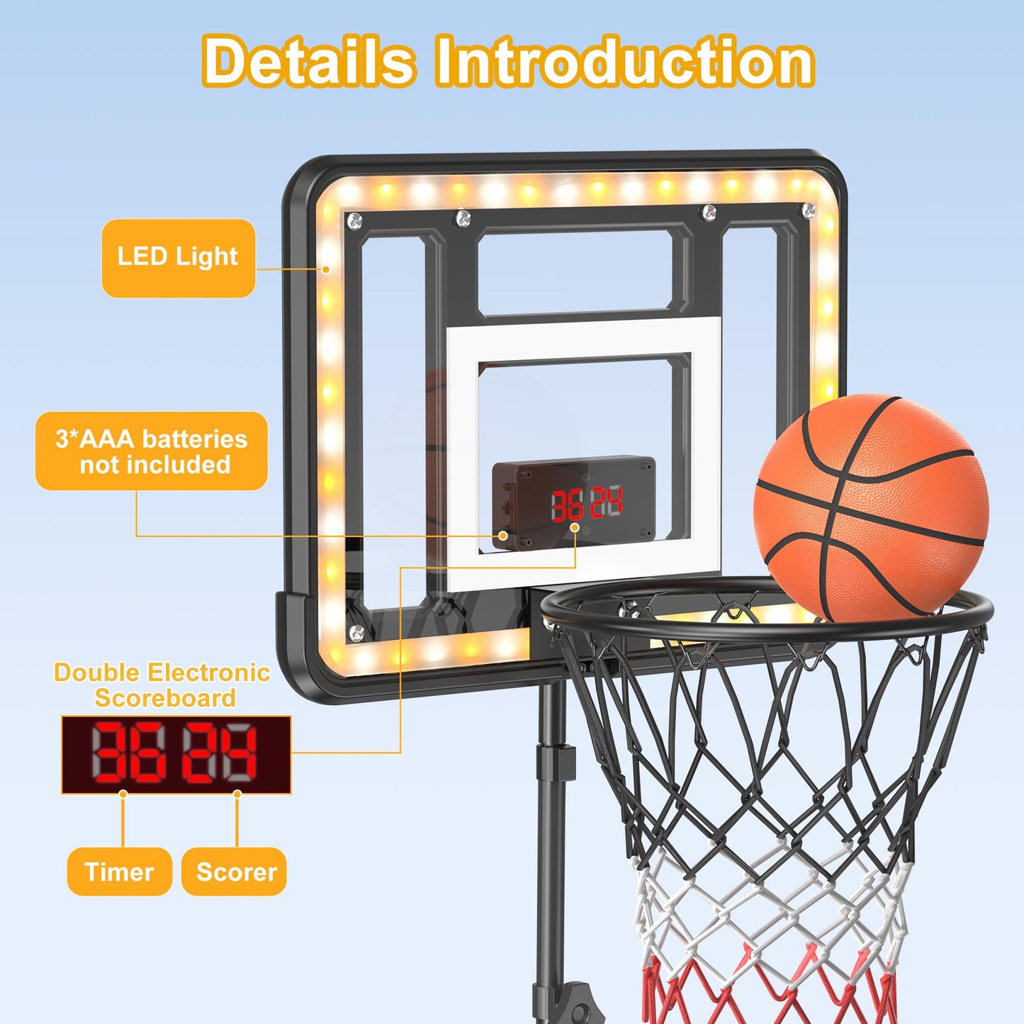 Flybakiz Kids Indoor Basketball Hoop with Scoreboard & Timer — Adjustable Height 2.98 ft to 5.8 ft
