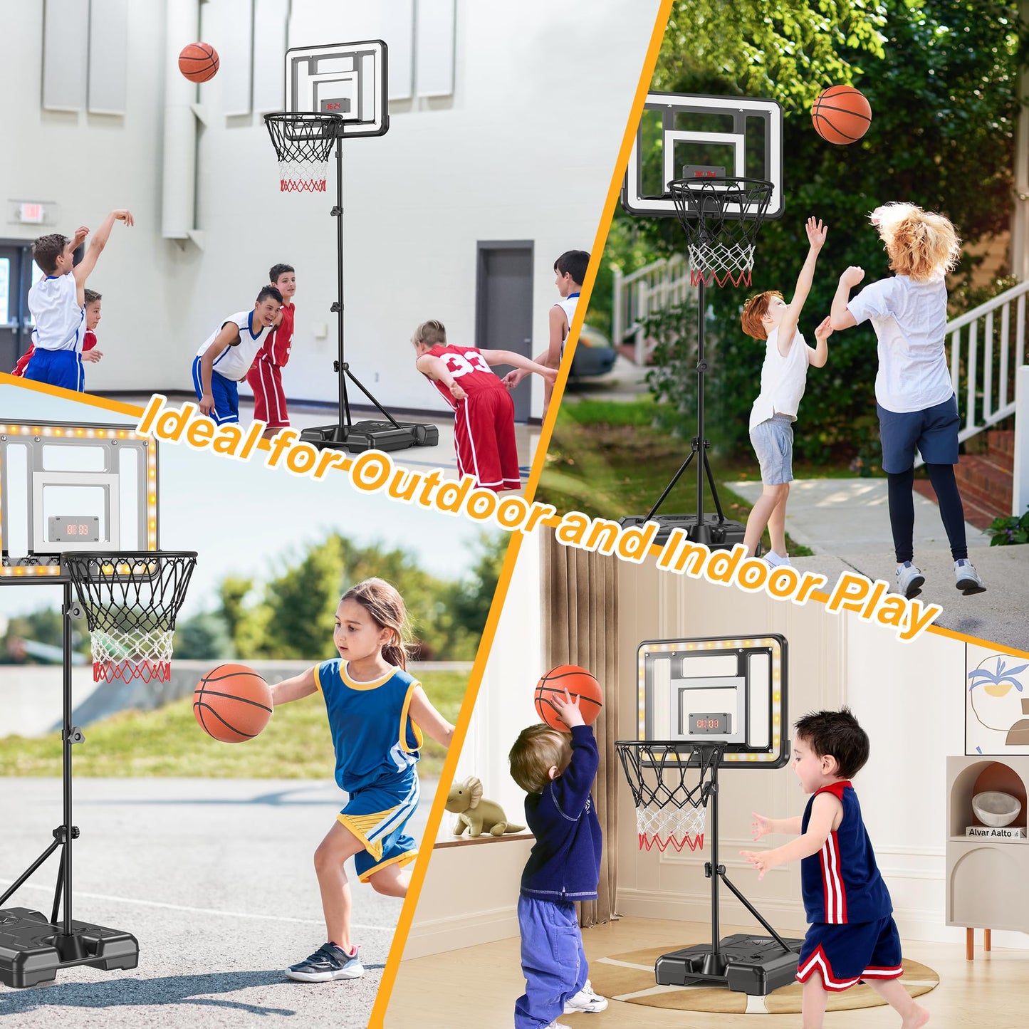 Flybakiz Kids Indoor Basketball Hoop with Scoreboard & Timer — Adjustable Height 2.98 ft to 5.8 ft