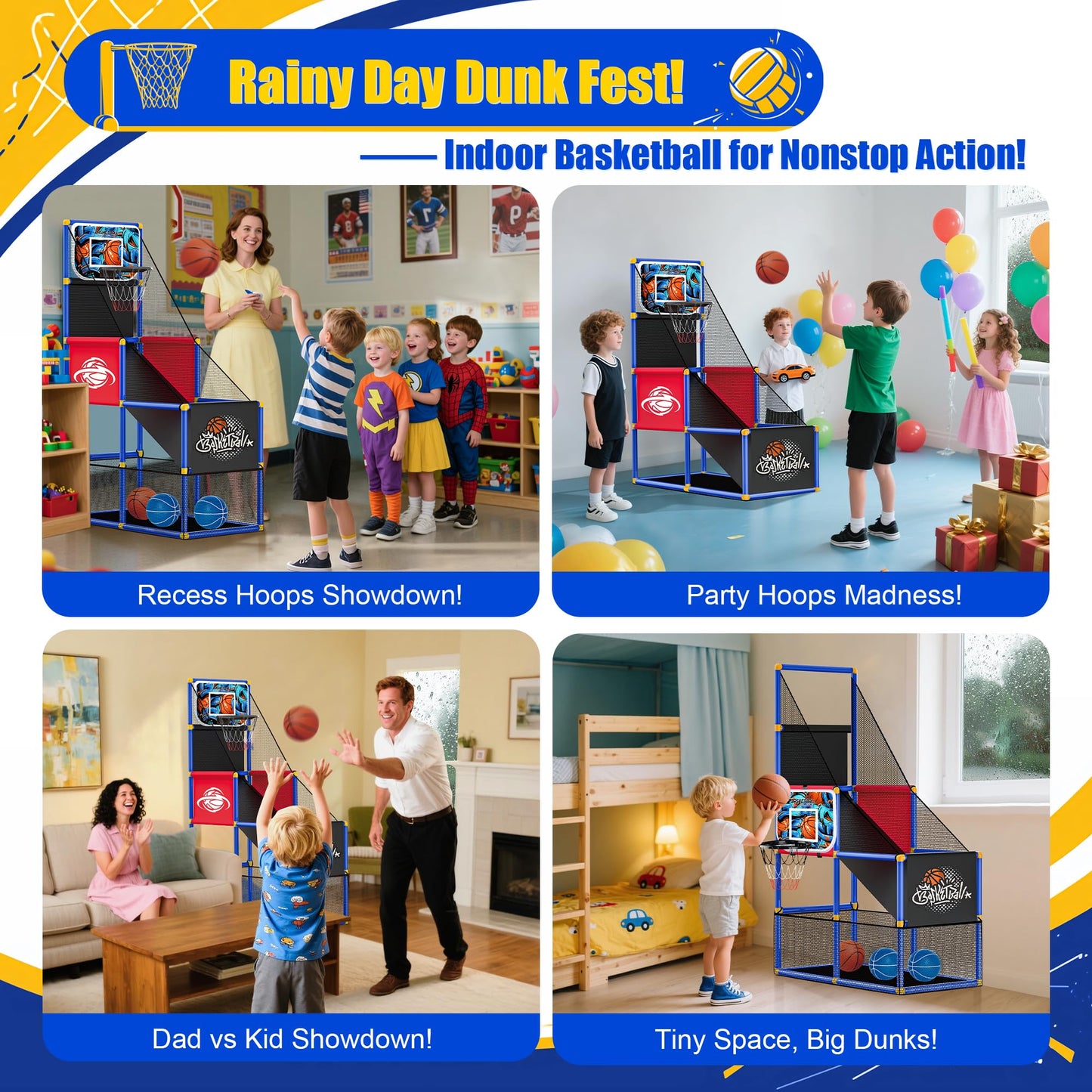 Flybakiz Adjustable Basketball Hoop for Kids 3-8 | Side-Mount & Top-Mount, Indoor/Outdoor