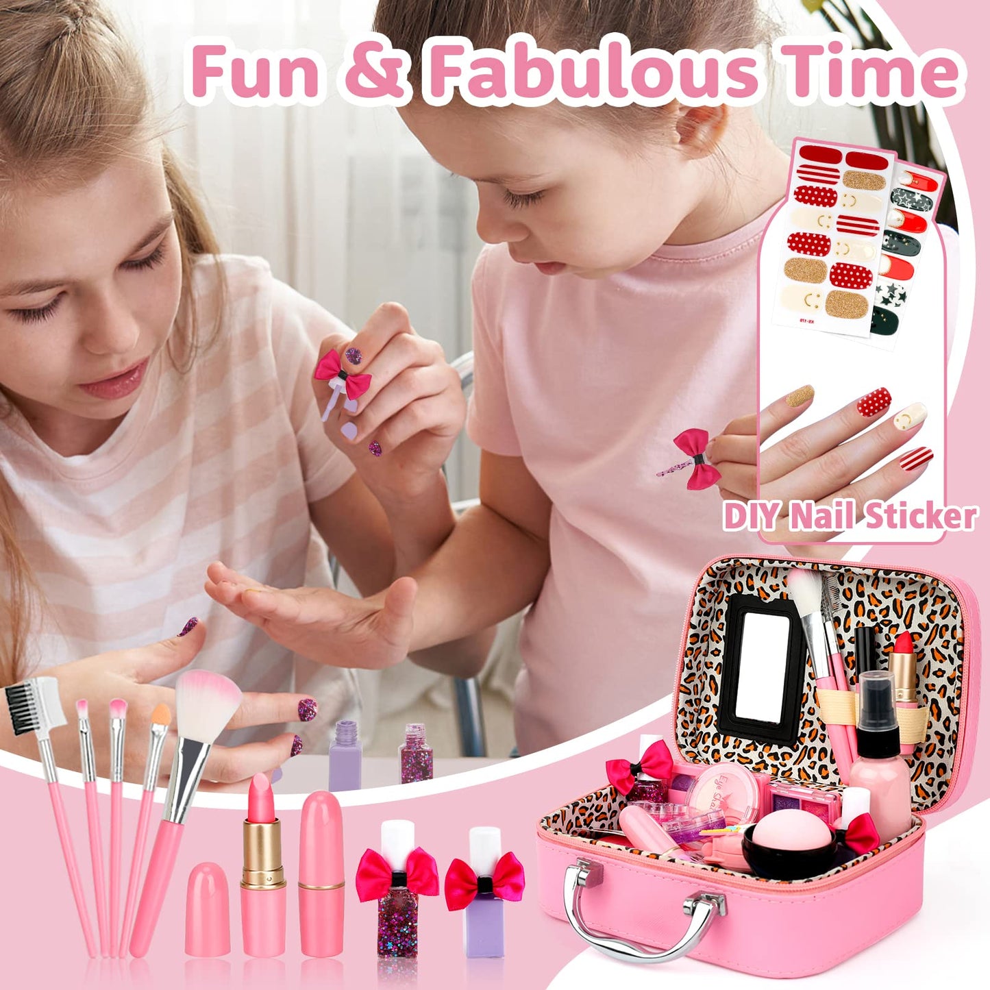 Flybay Kids Makeup Kit – Washable Dress-Up Set for Girls 4–12 | Princess Cosmetic Case