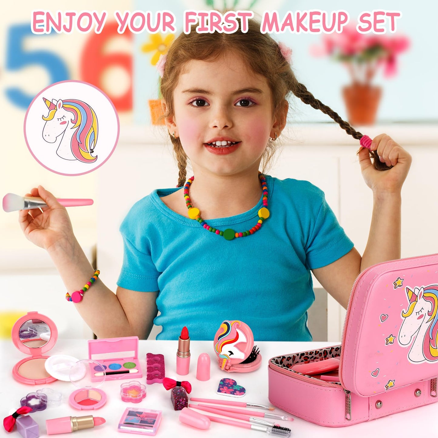 Flybay Kids Makeup Kit – Washable Dress-Up Set for Girls 4–12 | Princess Cosmetic Case