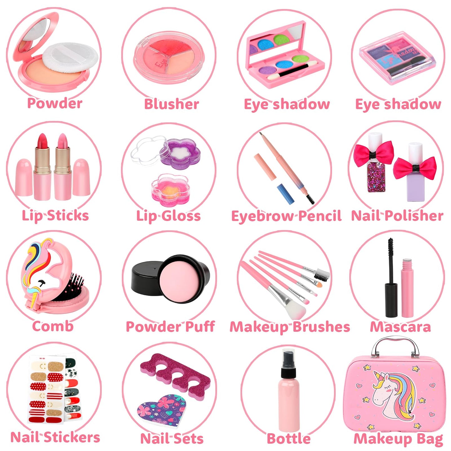 Flybay Kids Makeup Kit – Washable Dress-Up Set for Girls 4–12 | Princess Cosmetic Case