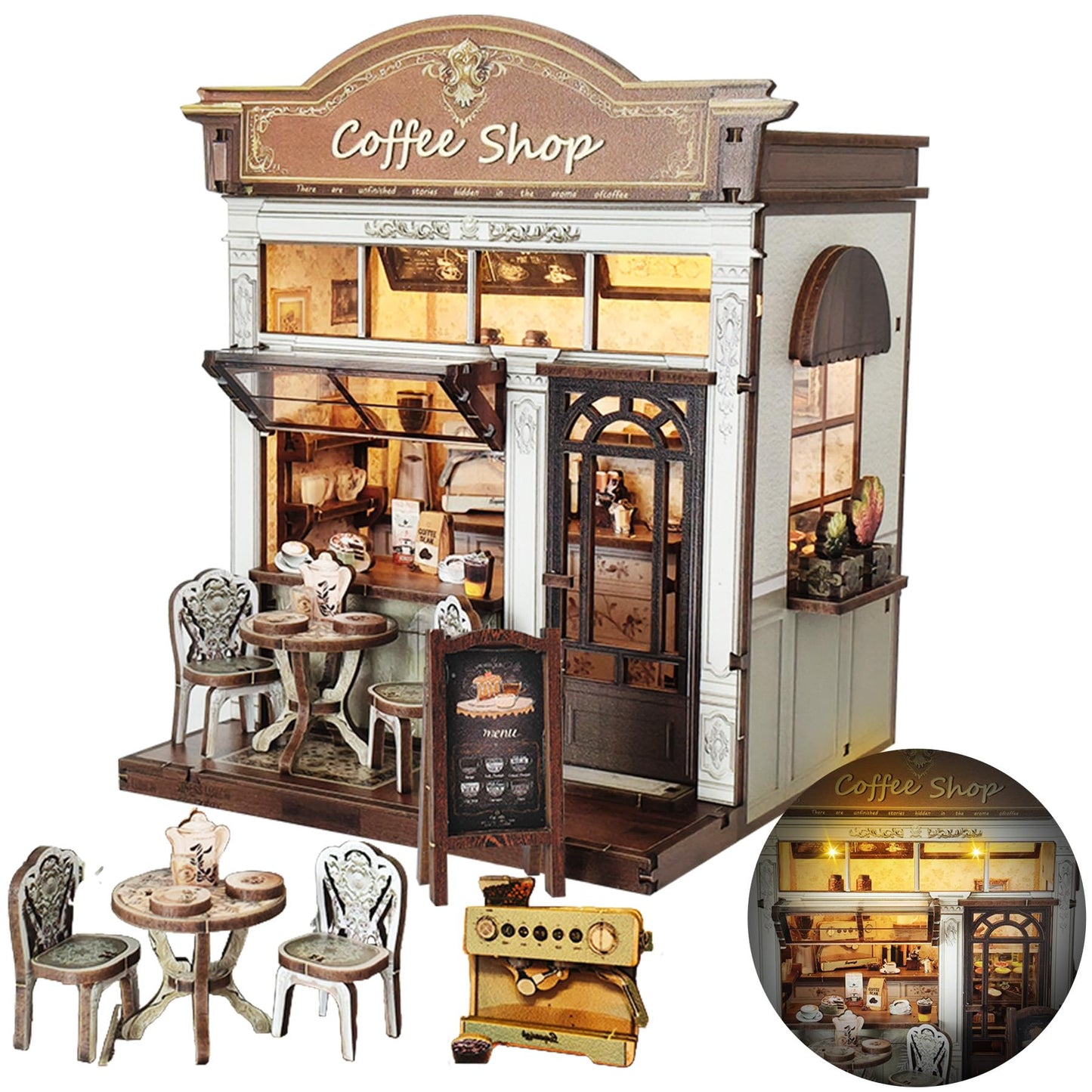 Flybean DIY Miniature House Kit with LED – Beginner Book Nook & Coffee Shop Diorama