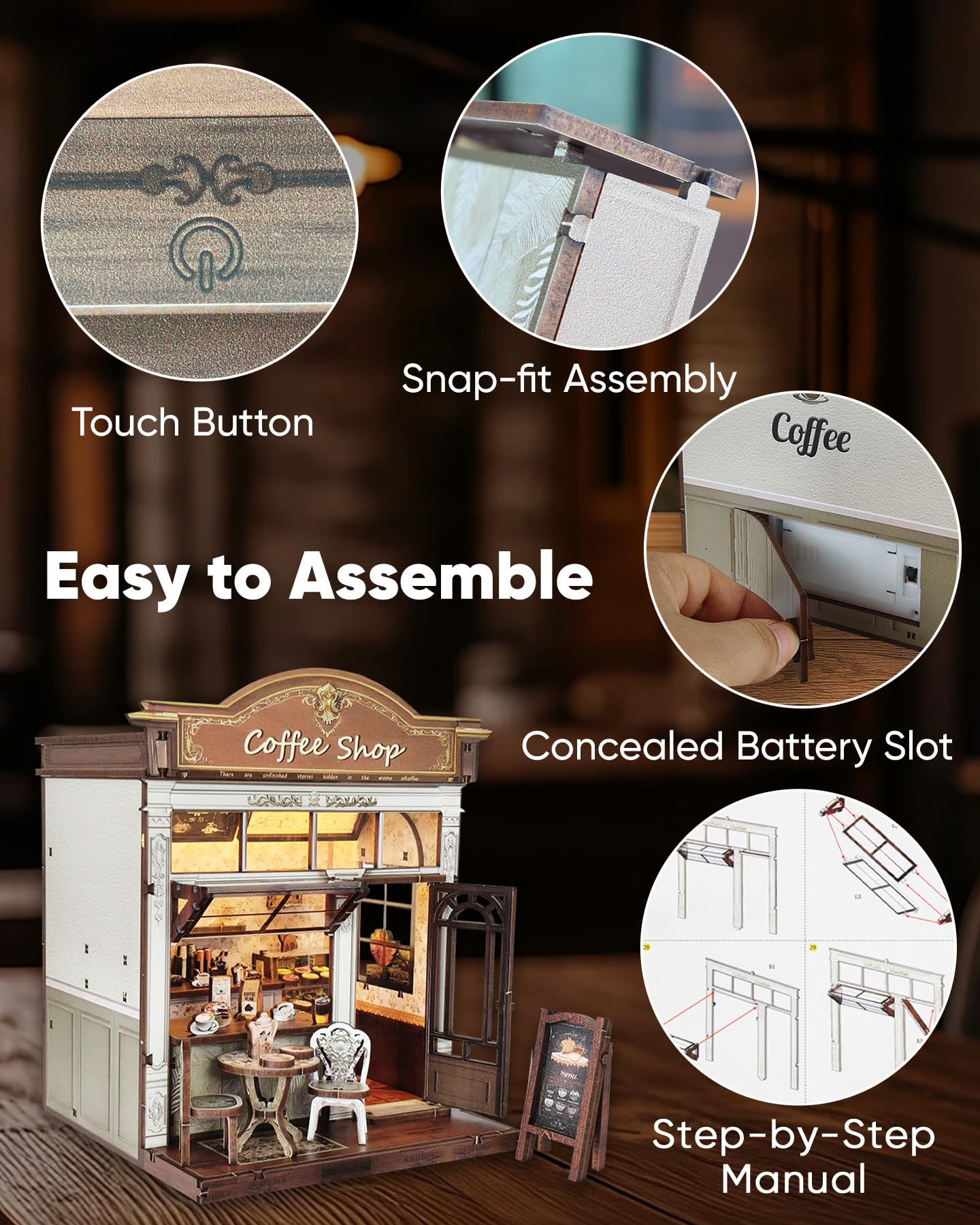 Flybean DIY Miniature House Kit with LED – Beginner Book Nook & Coffee Shop Diorama