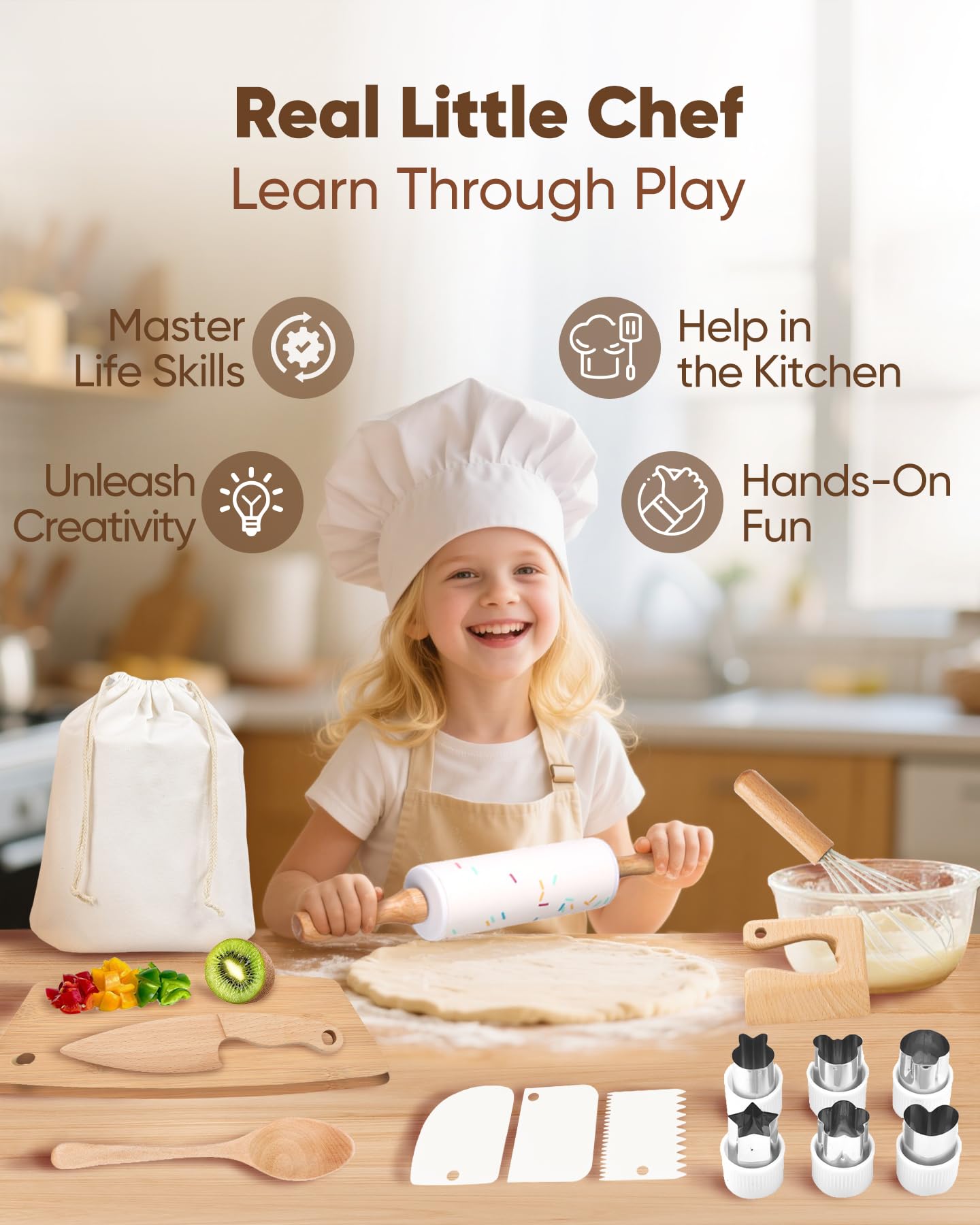 Flybean Wooden Safe Real Cooking Tool Set for Kids – Montessori Kitchen Utensils & Baking Kit
