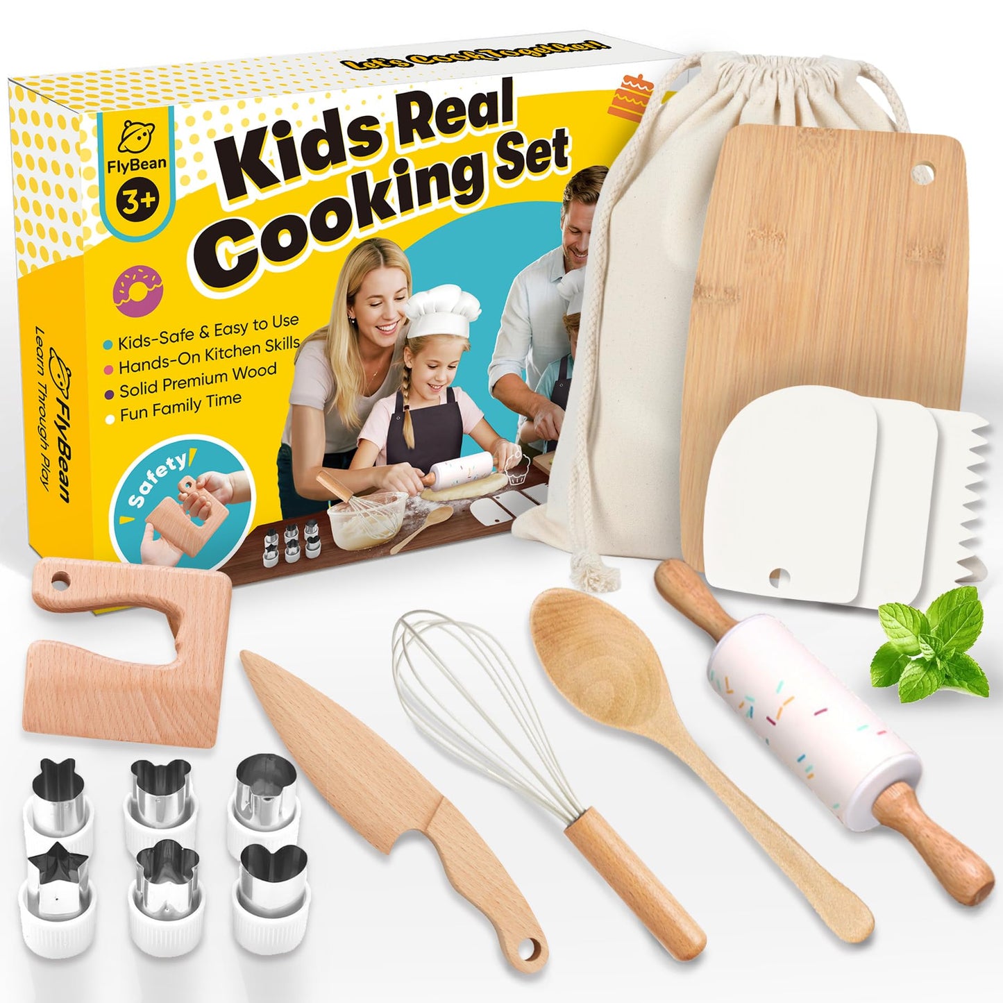 Flybean Wooden Safe Real Cooking Tool Set for Kids – Montessori Kitchen Utensils & Baking Kit