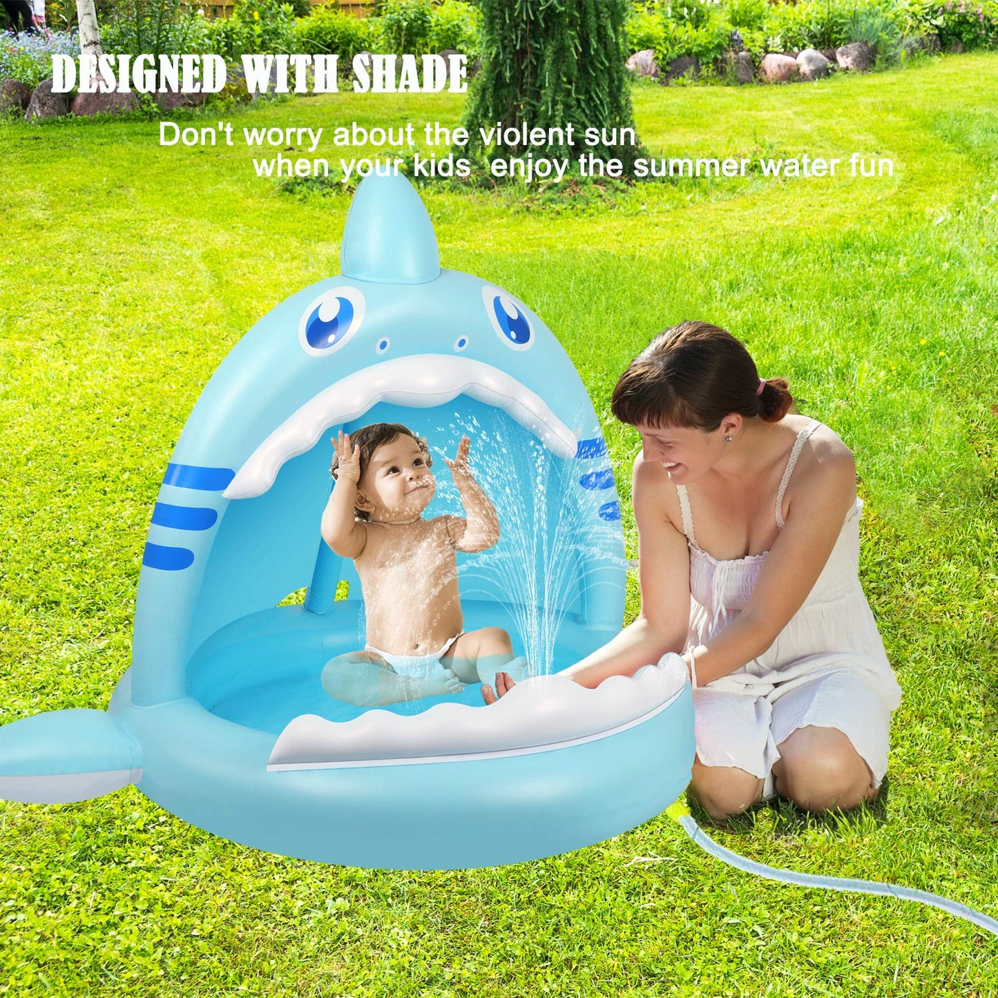 Flyboo Baby Pool Shark Splash with Canopy – Portable Toddler Water Play Center