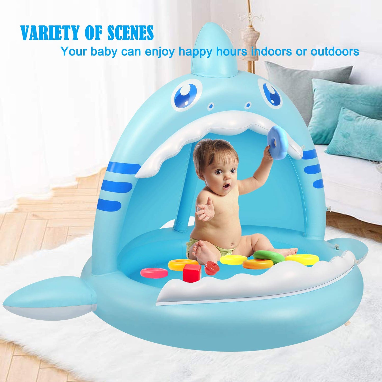 Flyboo Baby Pool Shark Splash with Canopy – Portable Toddler Water Play Center