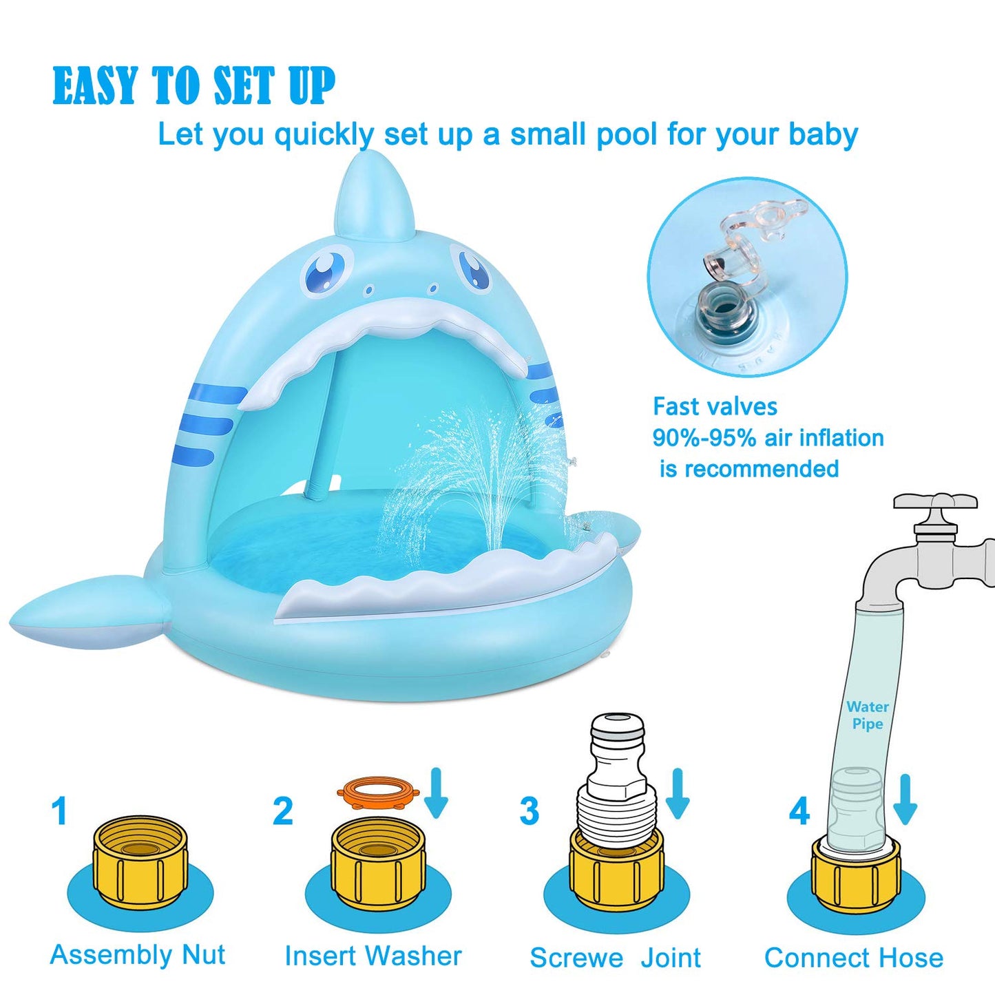 Flyboo Baby Pool Shark Splash with Canopy – Portable Toddler Water Play Center