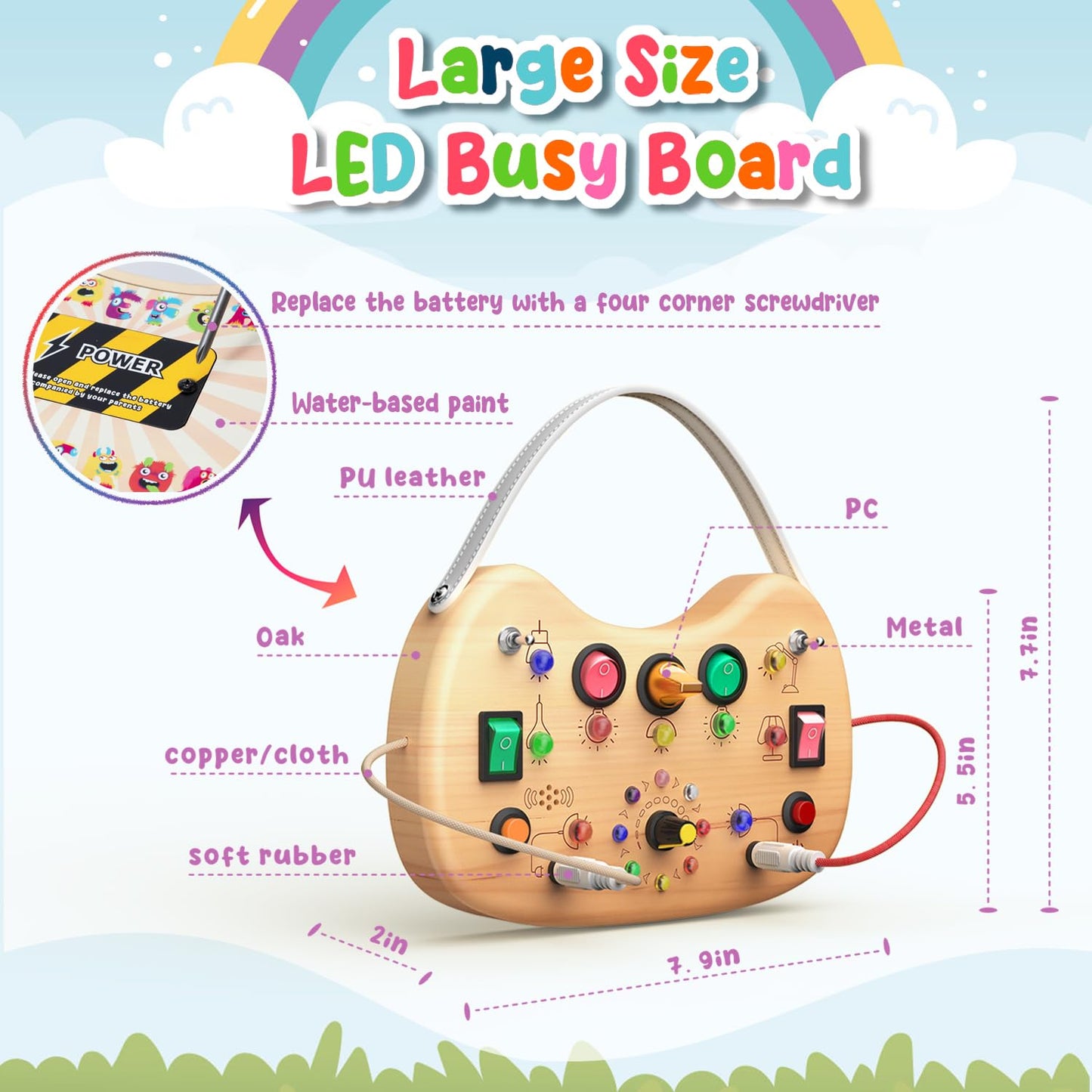 Flycoost Montessori Toddler Busy Board — Wooden Sensory Toy with LED Switch & Travel Handle