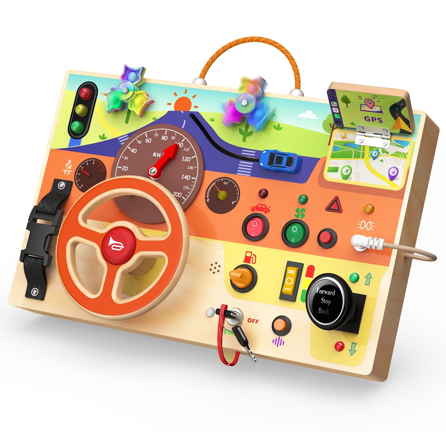 flycoost Busy Board Montessori Toy for Toddlers 1-3 | Steering Wheel, Lights & Switches