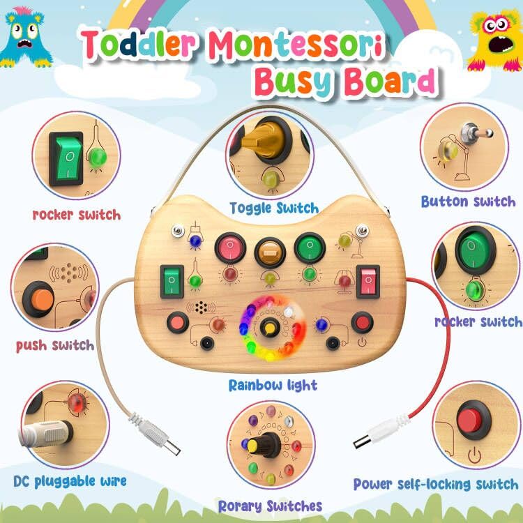 Flycoost Montessori Toddler Busy Board — Wooden Sensory Toy with LED Switch & Travel Handle