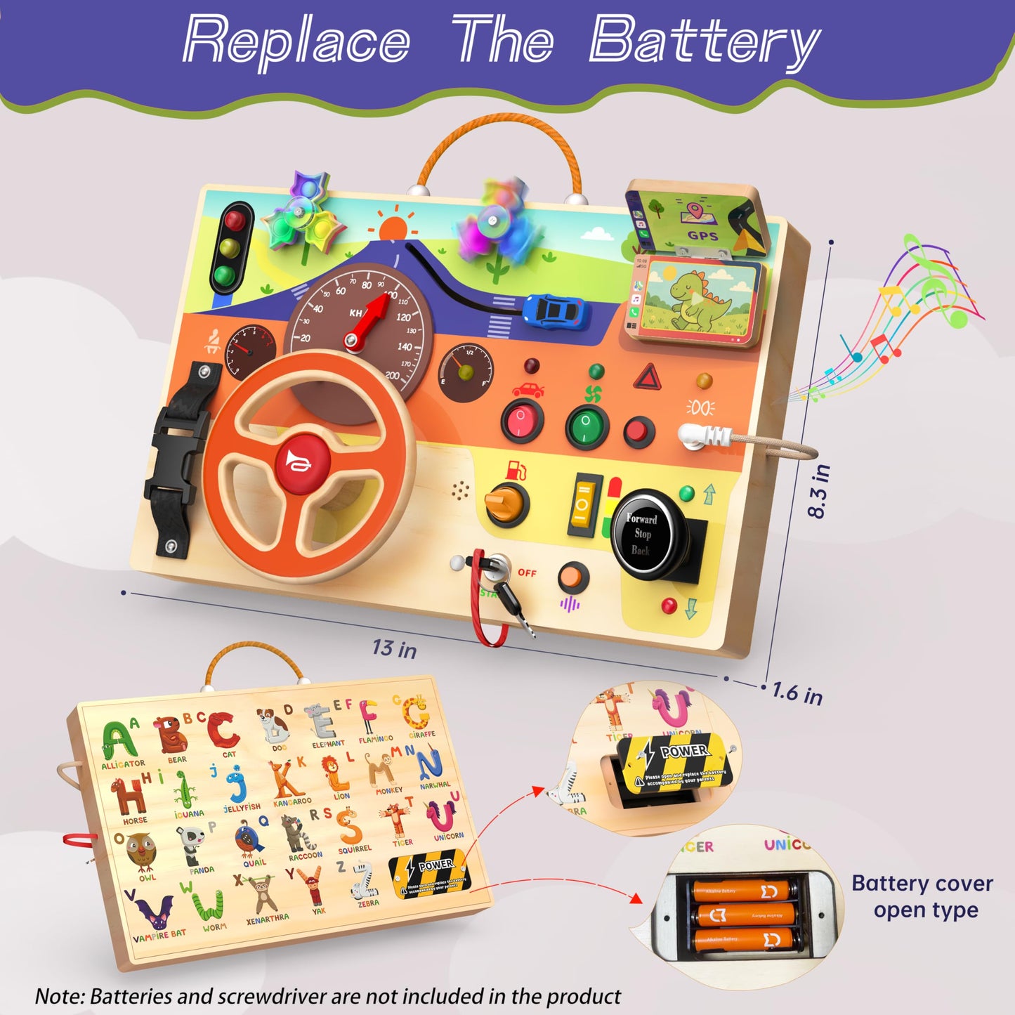 flycoost Busy Board Montessori Toy for Toddlers 1-3 | Steering Wheel, Lights & Switches