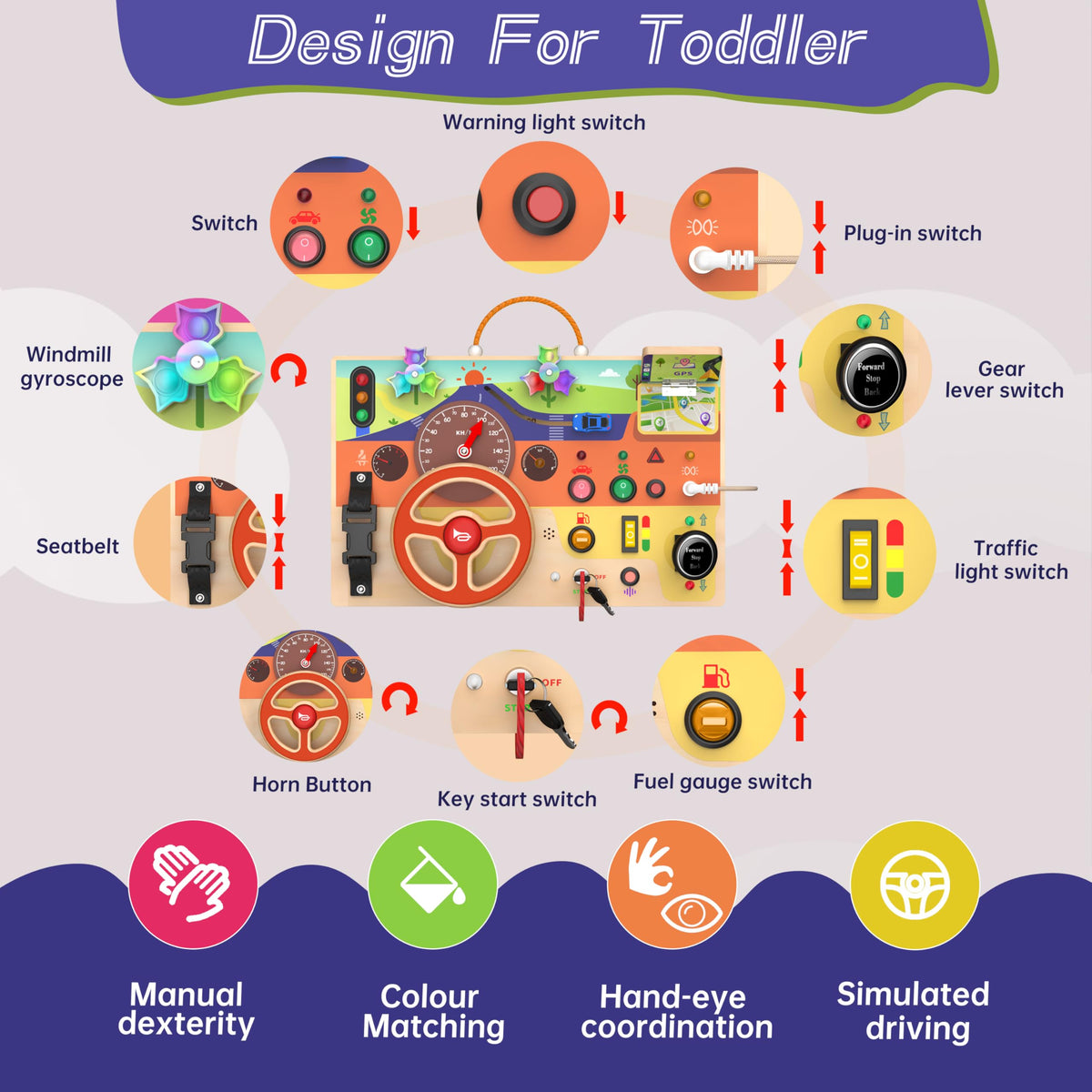 flycoost Busy Board Montessori Toy for Toddlers 1-3 | Steering Wheel, Lights & Switches