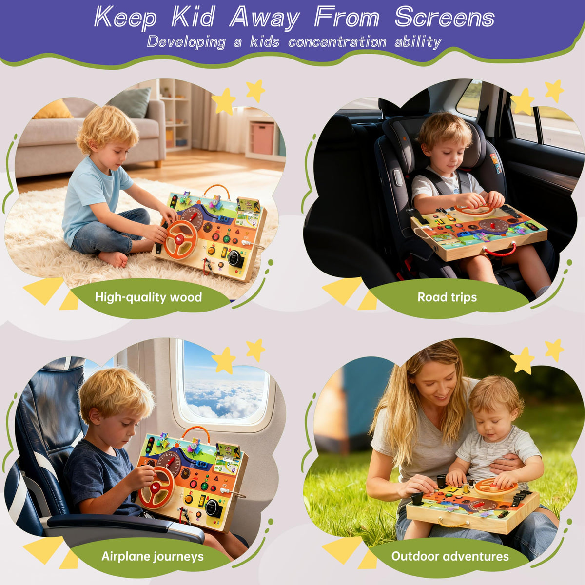 flycoost Busy Board Montessori Toy for Toddlers 1-3 | Steering Wheel, Lights & Switches