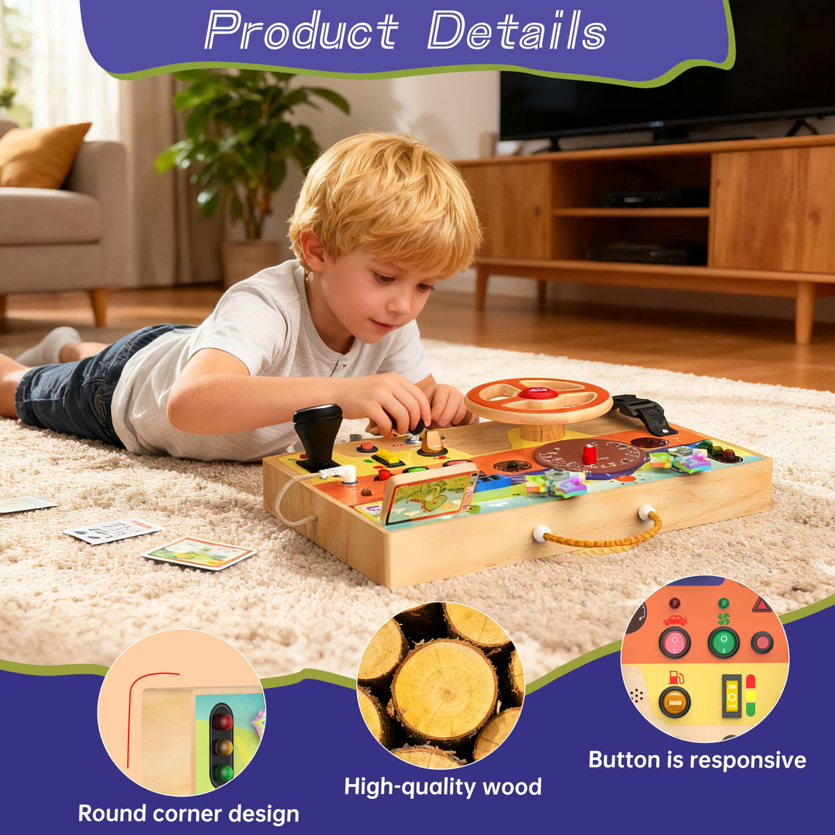 flycoost Busy Board Montessori Toy for Toddlers 1-3 | Steering Wheel, Lights & Switches