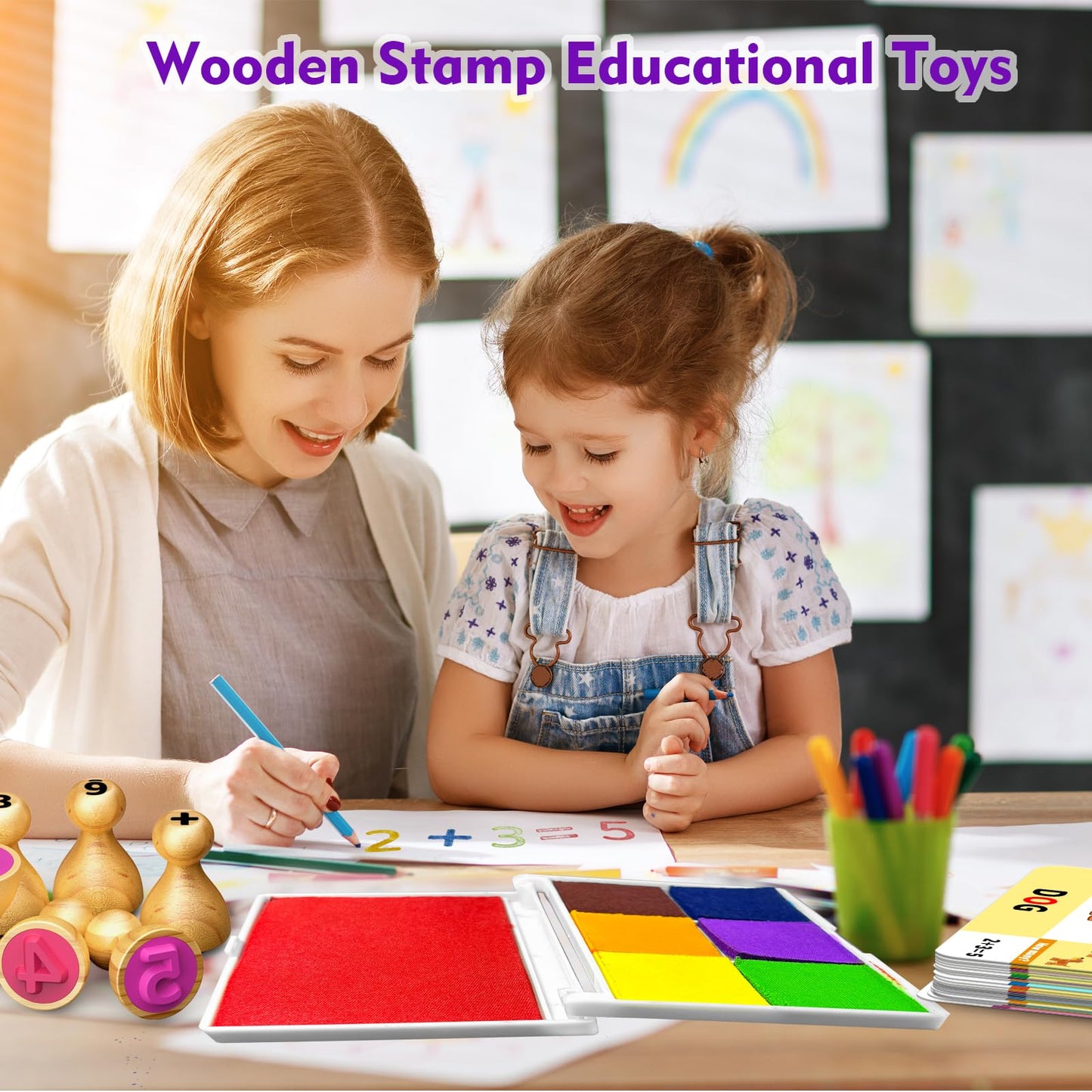 flycoost Wooden Alphabet & Number Stamps for Kids – Montessori Learning Toy