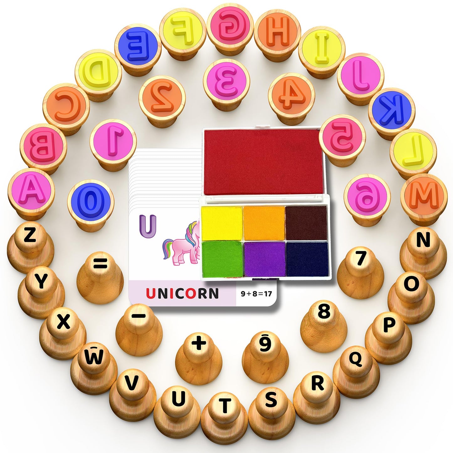 Flycoost Montessori Letter & Number Stamps Set — ABC 123, 7-Color Ink Pads, Activity Cards