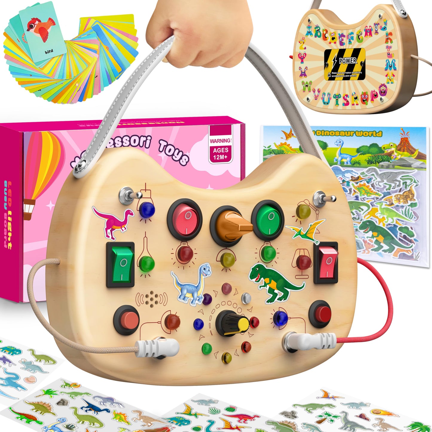 Flycoost Montessori Toddler Busy Board — Wooden Sensory Toy with LED Switch & Travel Handle